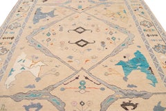 Contemporary Turkish Oushak Style Wool Rug In Beige With Artwork Pattern