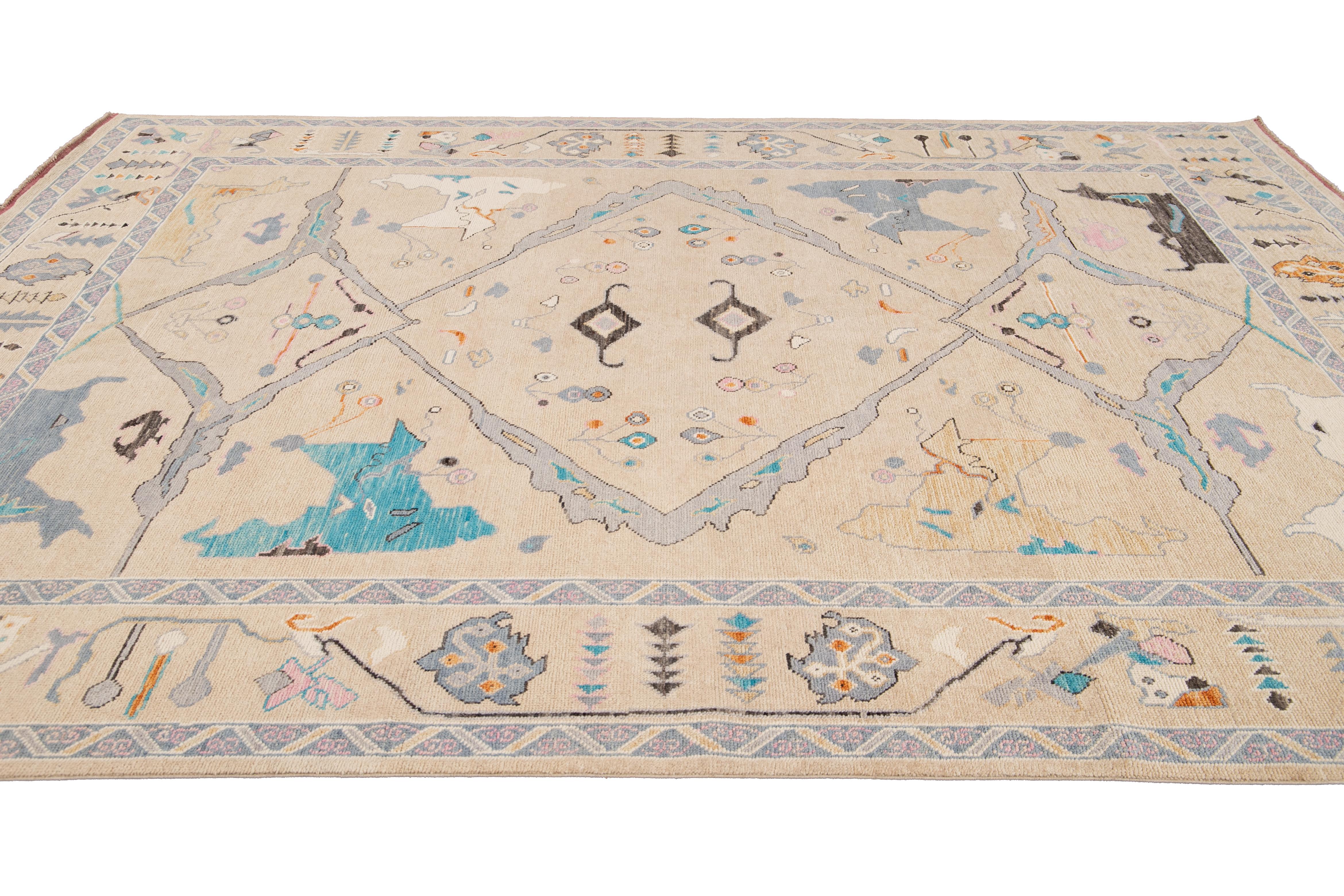 Contemporary Turkish Oushak Style Wool Rug In Beige With Artwork Pattern For Sale 1
