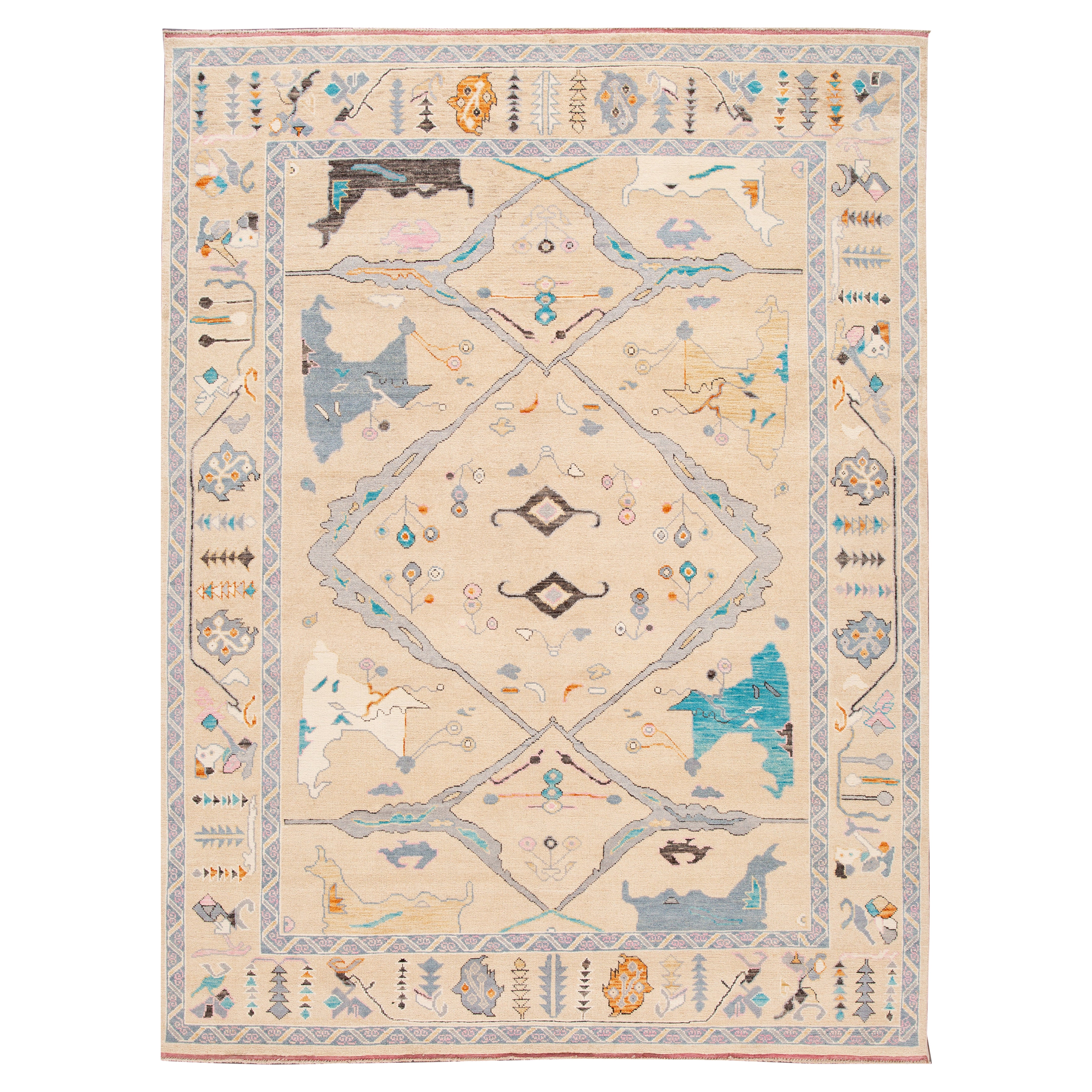 Tappeto turco contemporaneo in lana stile Oushak di colore beige con motivo artistico