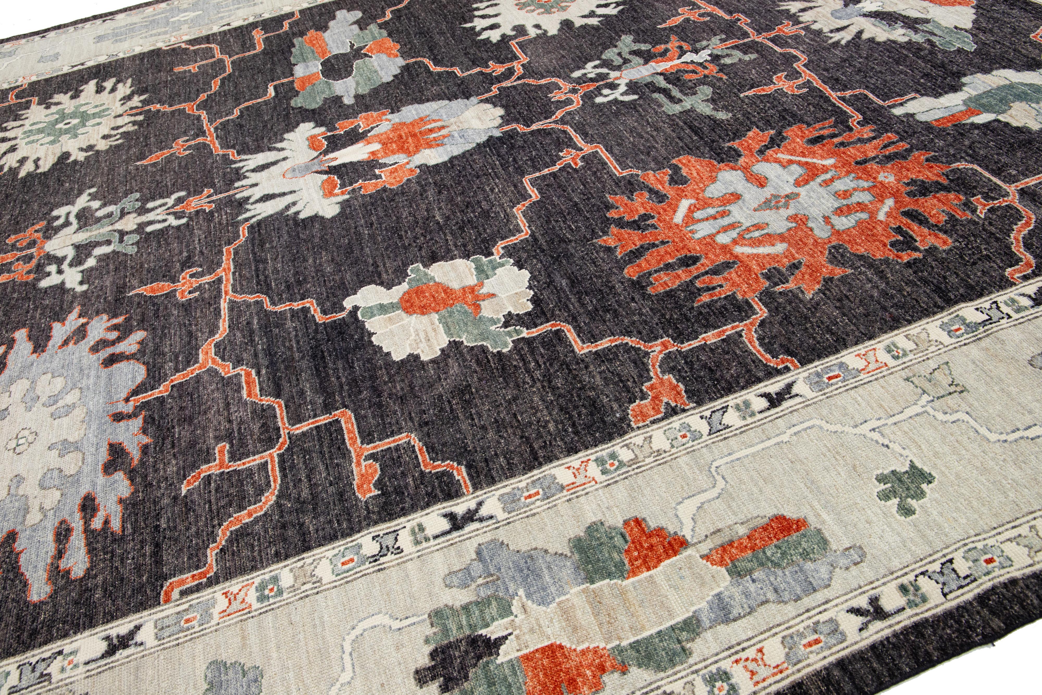 Contemporary Turkish Oushak Wool Rug In Charcoal Color With Artwork Pattern In New Condition For Sale In Norwalk, CT