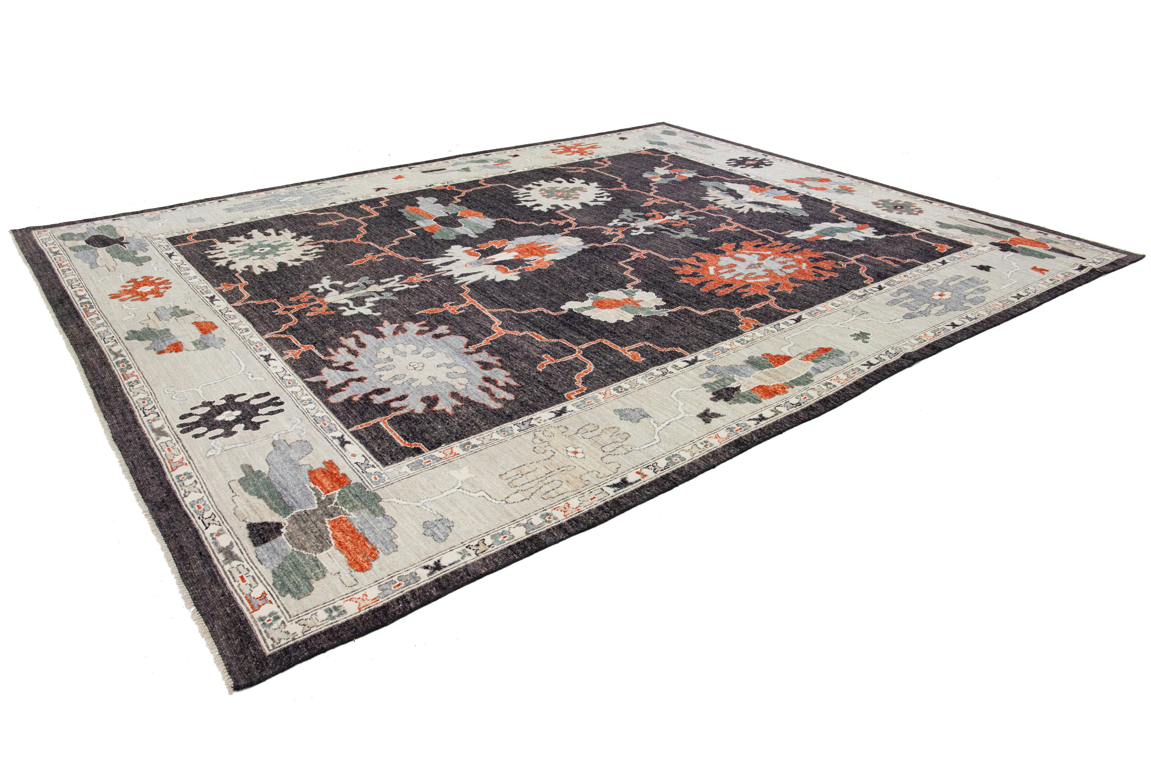 Contemporary Turkish Oushak Wool Rug In Charcoal Color With Artwork Pattern For Sale 4
