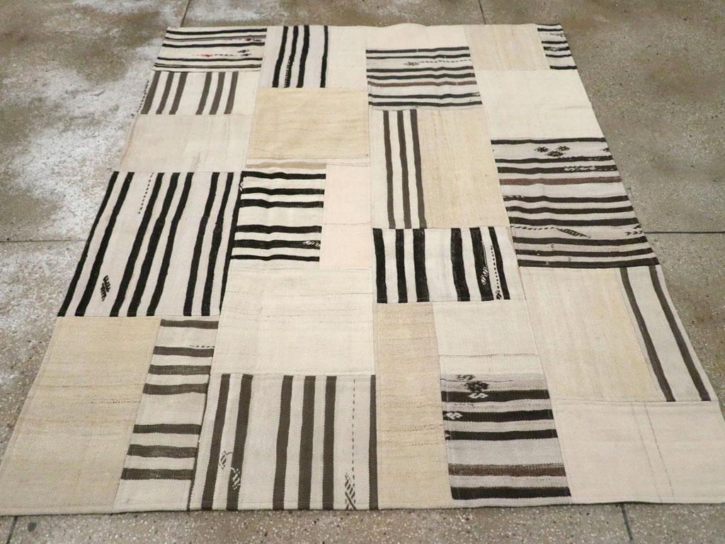 Modern Contemporary Turkish Patchwork Style Flatweave Accent Rug in Cream & Black For Sale