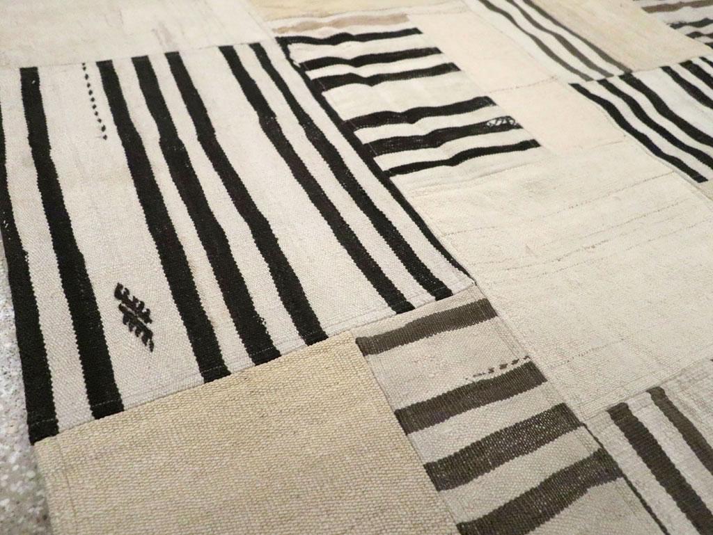Hand-Woven Contemporary Turkish Patchwork Style Flatweave Accent Rug in Cream & Black For Sale