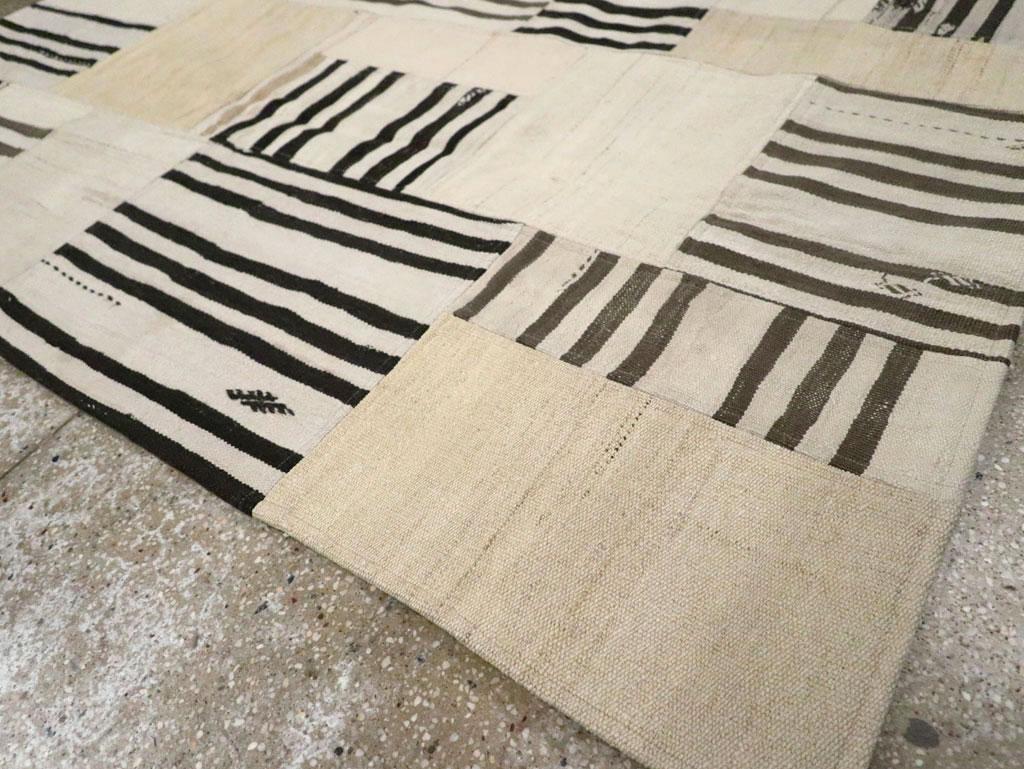 Wool Contemporary Turkish Patchwork Style Flatweave Accent Rug in Cream & Black For Sale