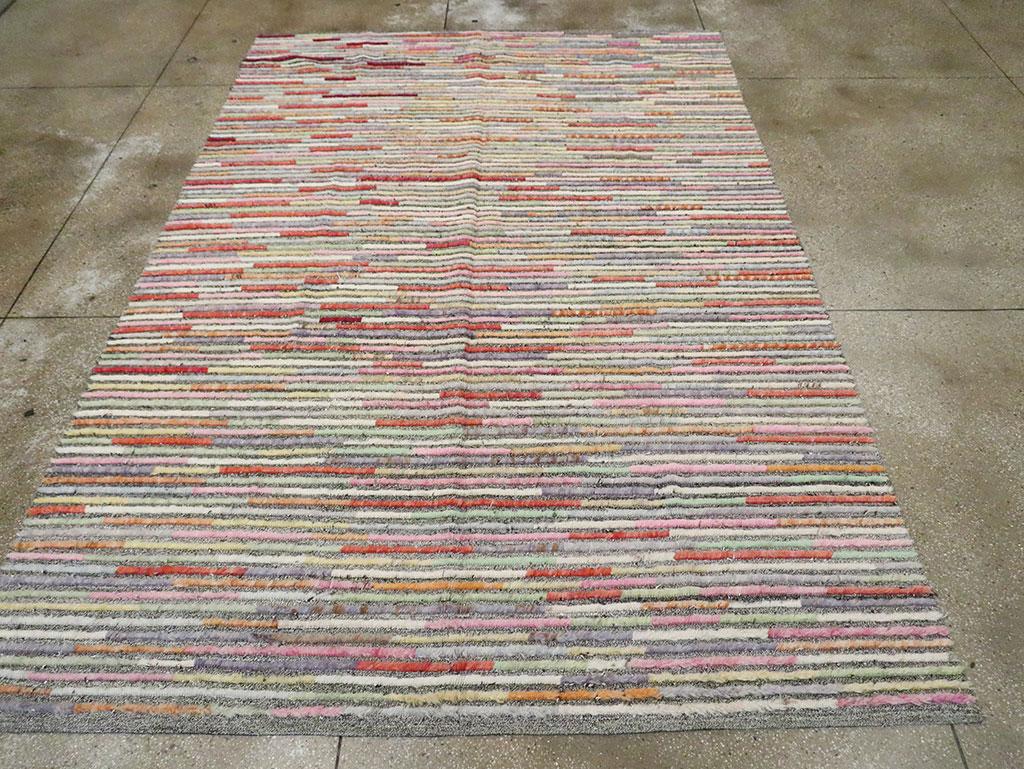 Hand-Knotted Contemporary Turkish Room Size Carpet in Colorful Stripes For Sale