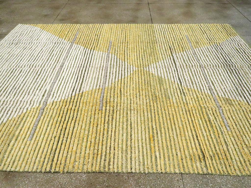 Wool Contemporary Turkish Room Size Carpet in White and Yellow