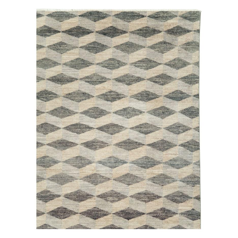 Modern Contemporary Turkish Room Size Carpet with a Neutral Toned Diamond Cube Pattern For Sale