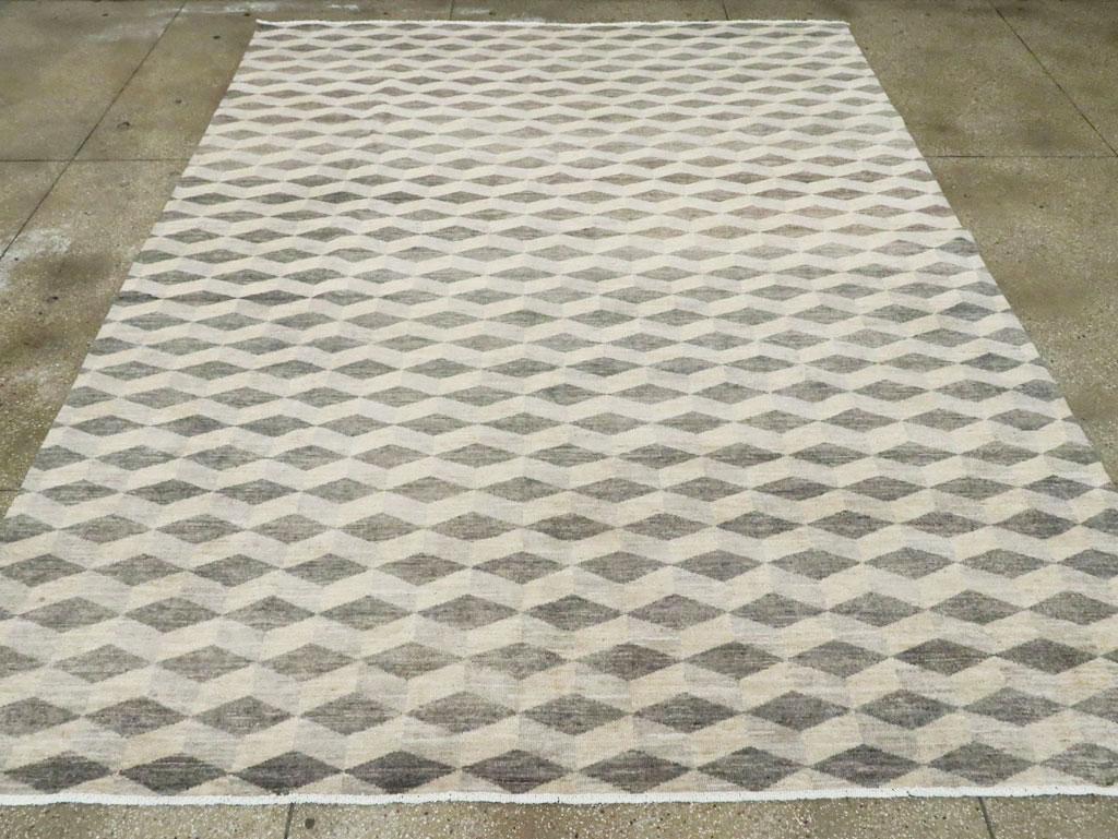 Hand-Knotted Contemporary Turkish Room Size Carpet with a Neutral Toned Diamond Cube Pattern For Sale