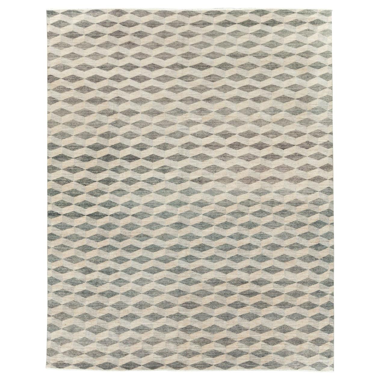 Contemporary Turkish Room Size Carpet with a Neutral Toned Diamond Cube Pattern For Sale