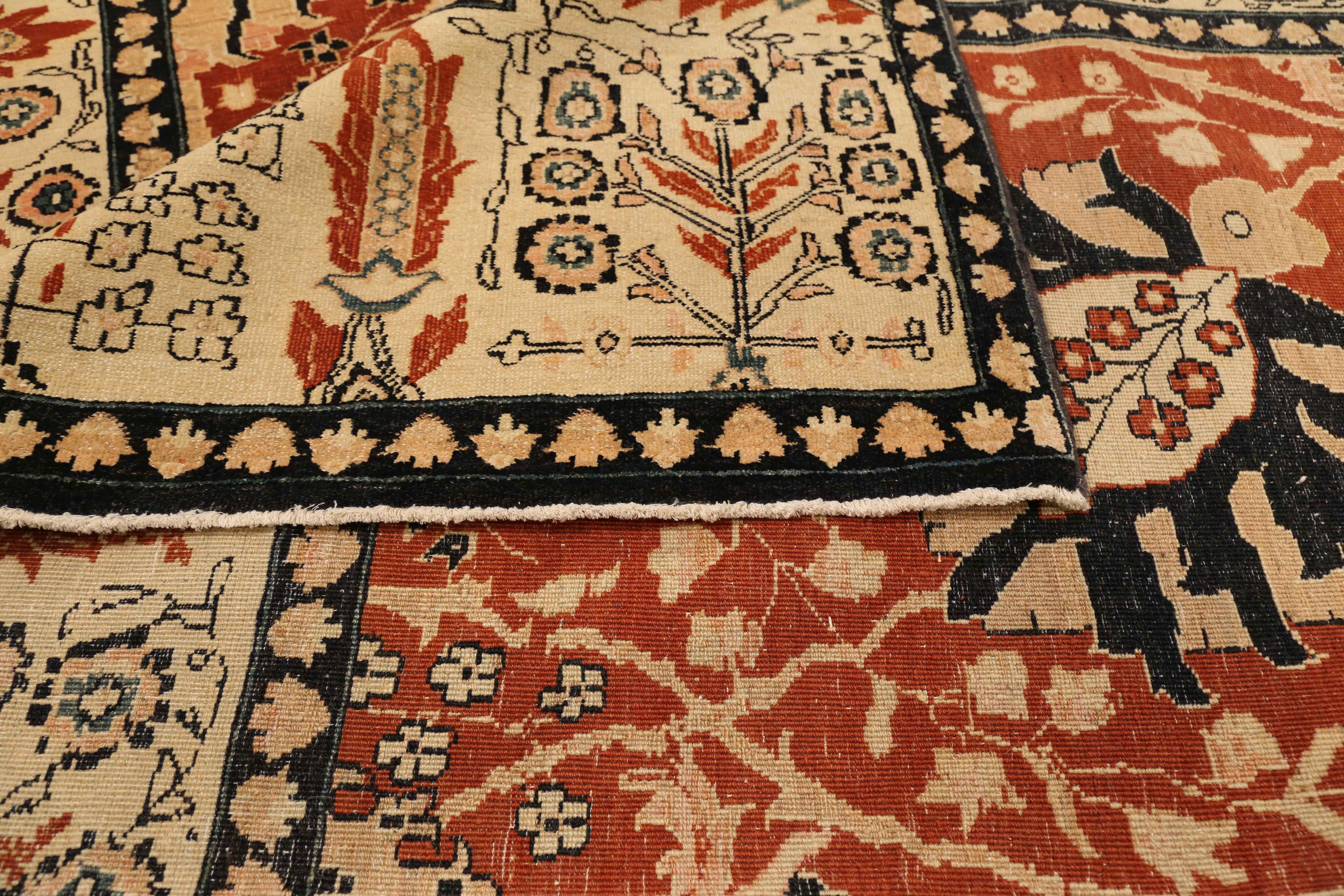 Turkish rug made from the best quality of wool and vegetable dyes. It features a spectacular floral center field in red and ivory surrounded by a ‘grain field’ border reminiscent of a bountiful harvest. This motif is commonly associated with Tabriz