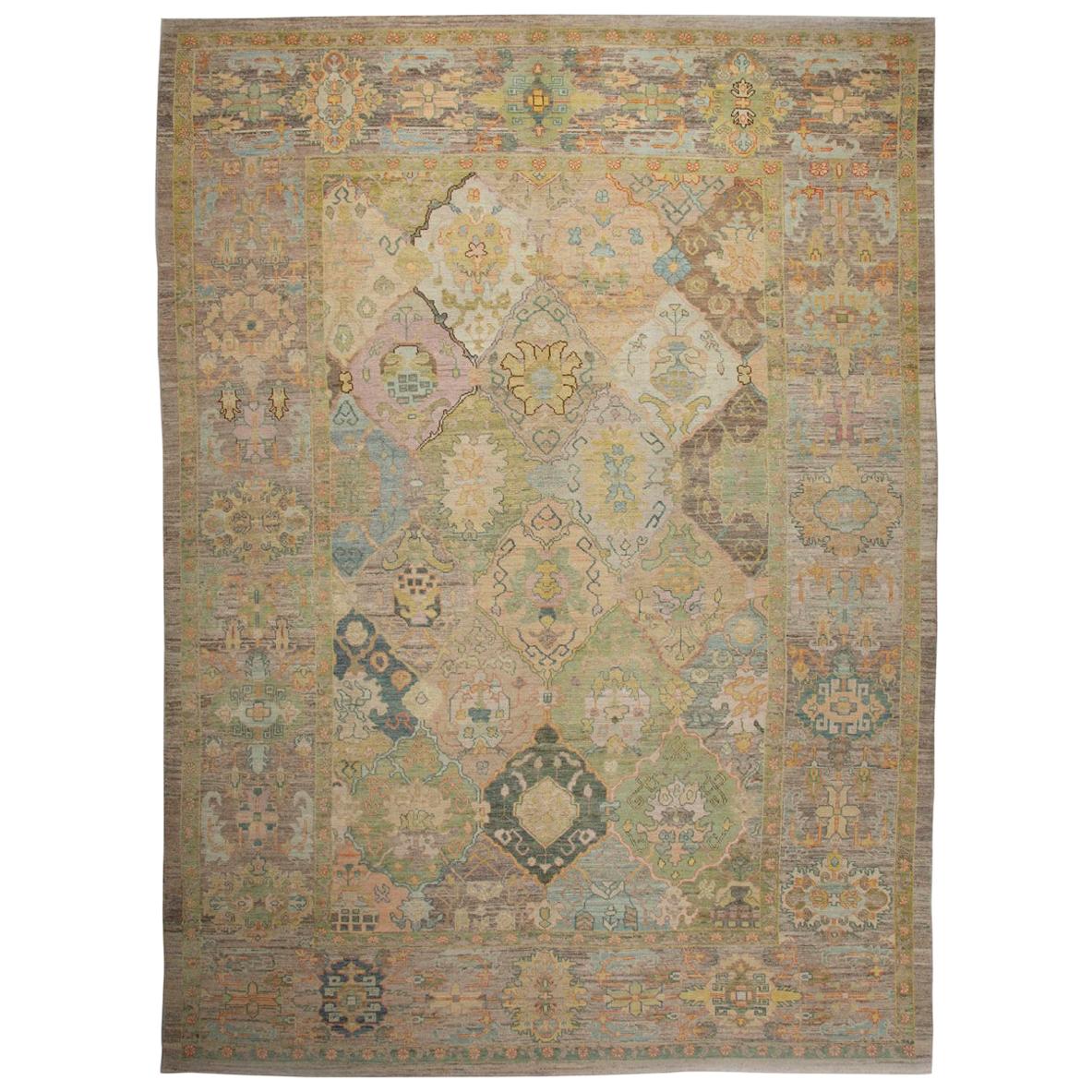 Contemporary Turkish Rug Oushak Style with Colorful Diamond Flower Medallions For Sale