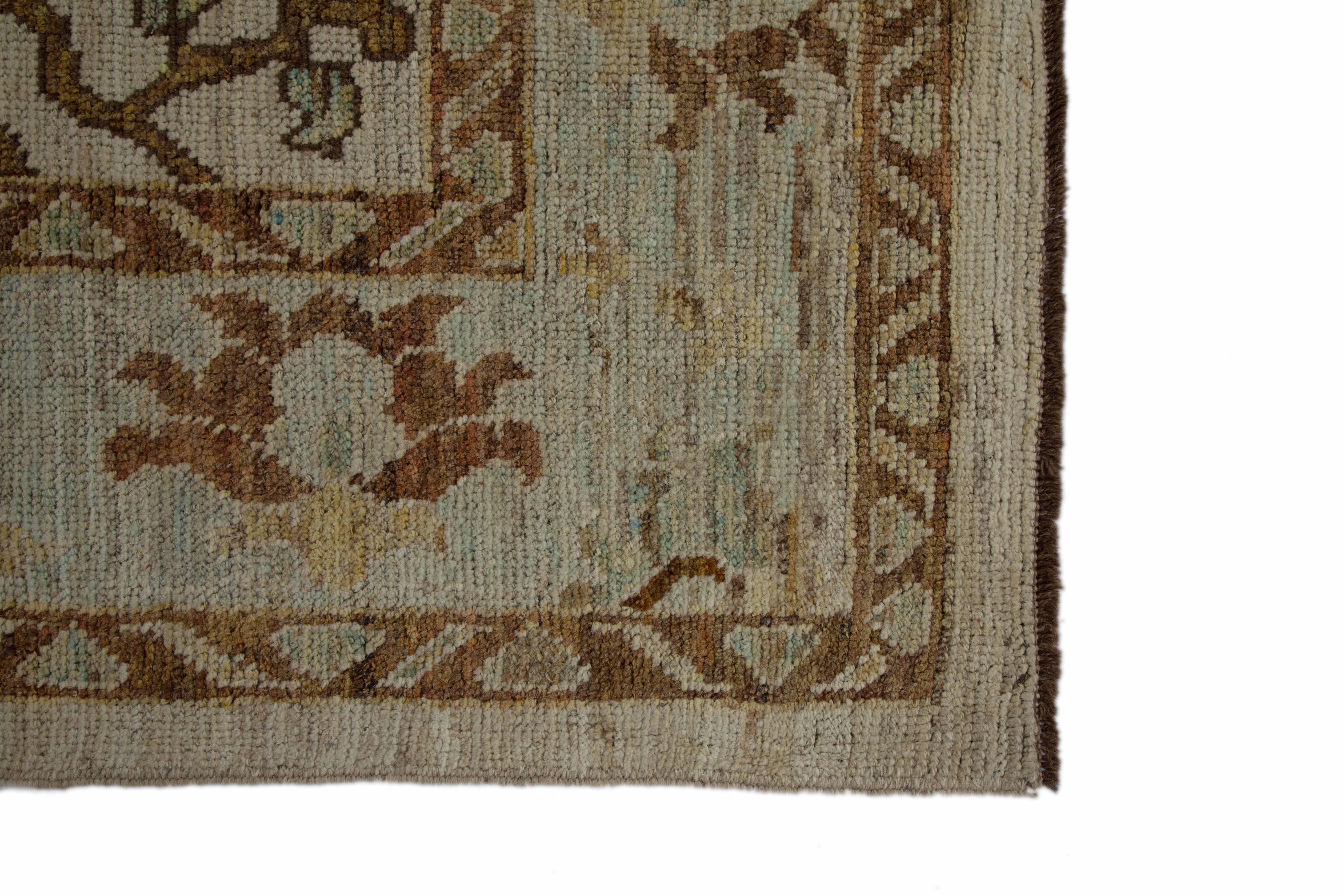 Persian Contemporary Turkish Rug Oushak Weave with Blue and Green Floral Details For Sale