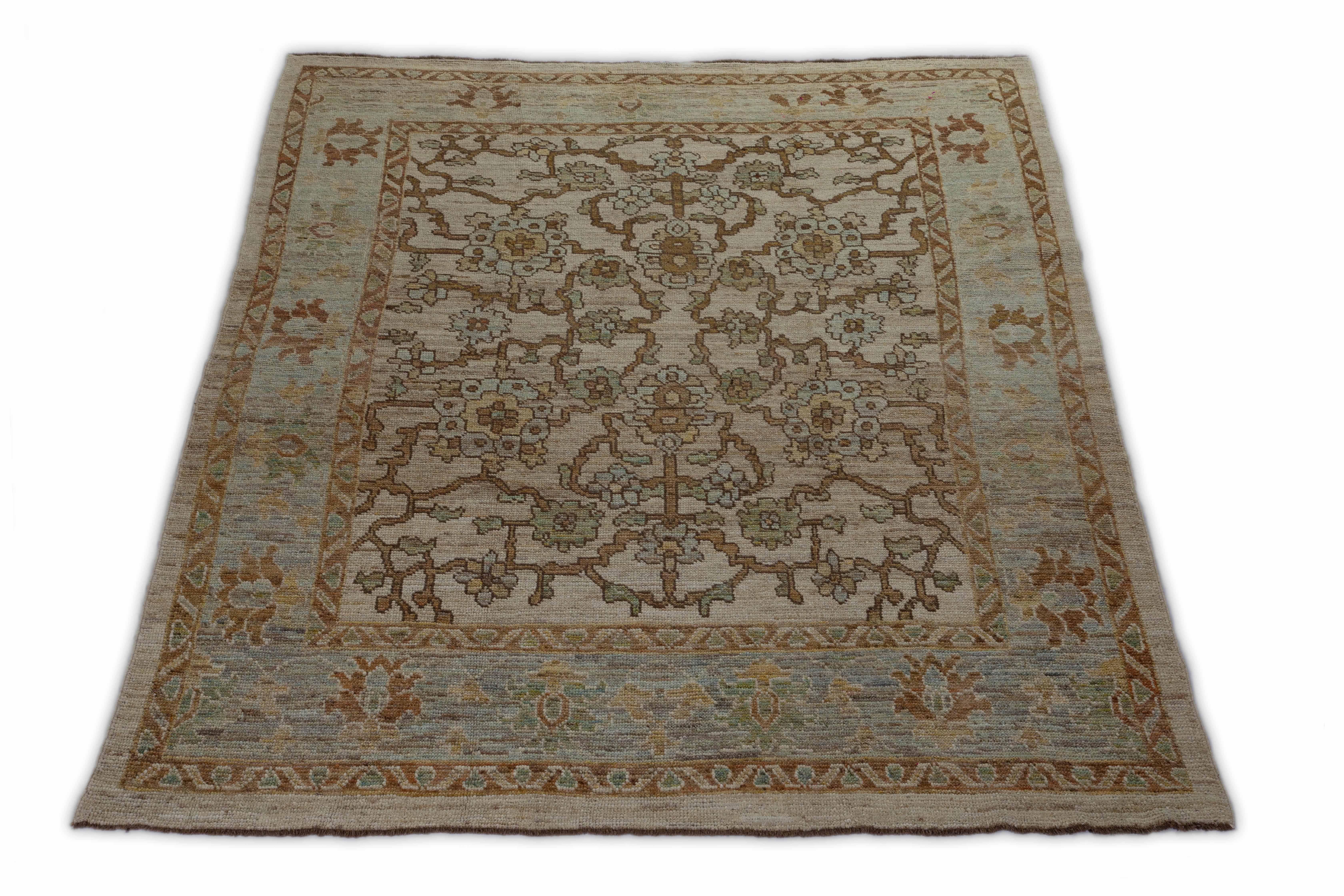 Hand-Woven Contemporary Turkish Rug Oushak Weave with Blue and Green Floral Details For Sale