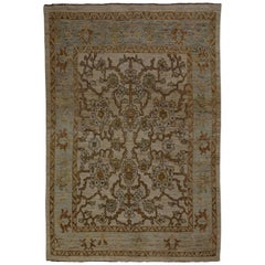 Contemporary Turkish Rug Oushak Weave with Blue and Green Floral Details