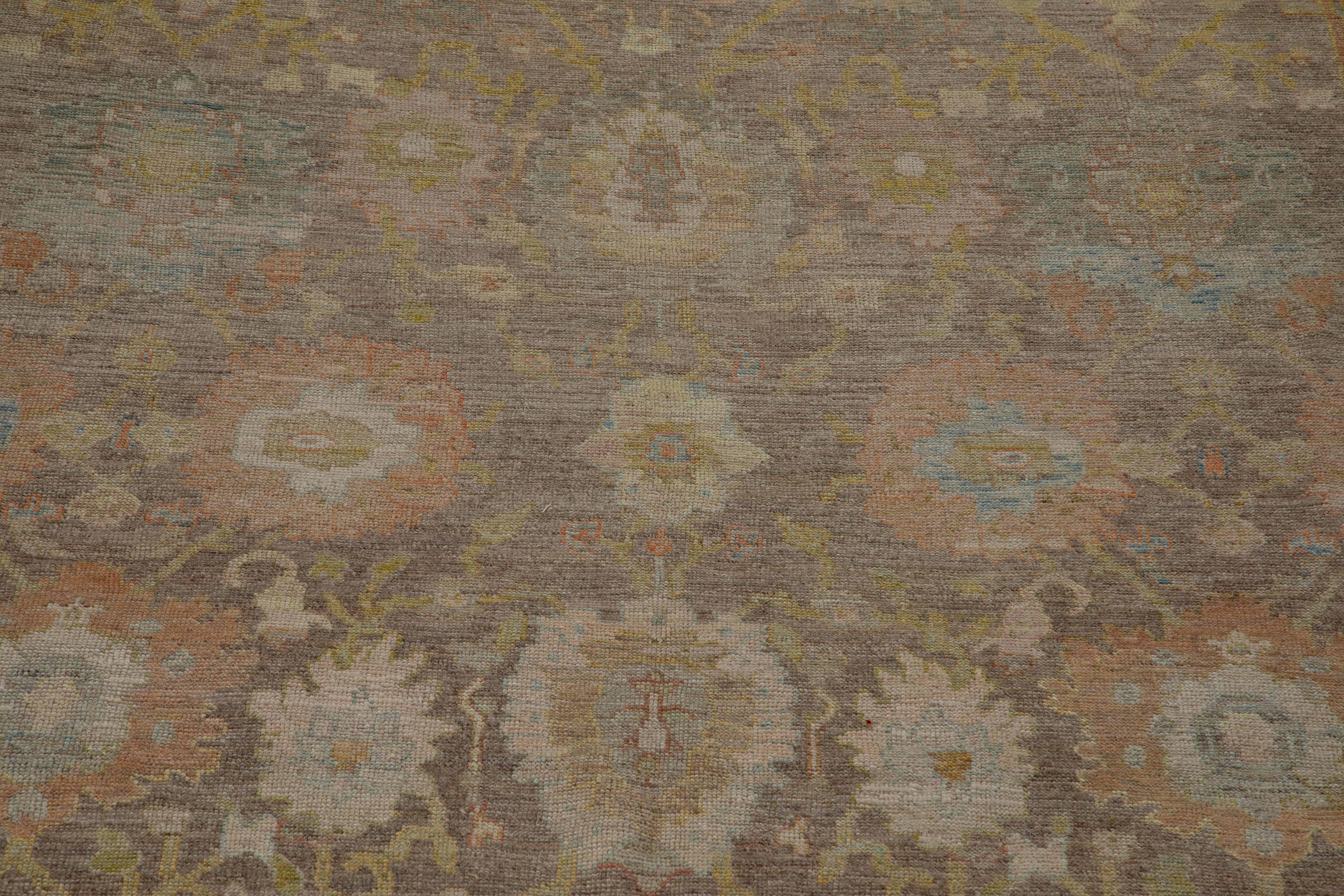 Hand-Woven Contemporary Turkish Rug Oushak Weave with Brown and Rust Floral Field For Sale