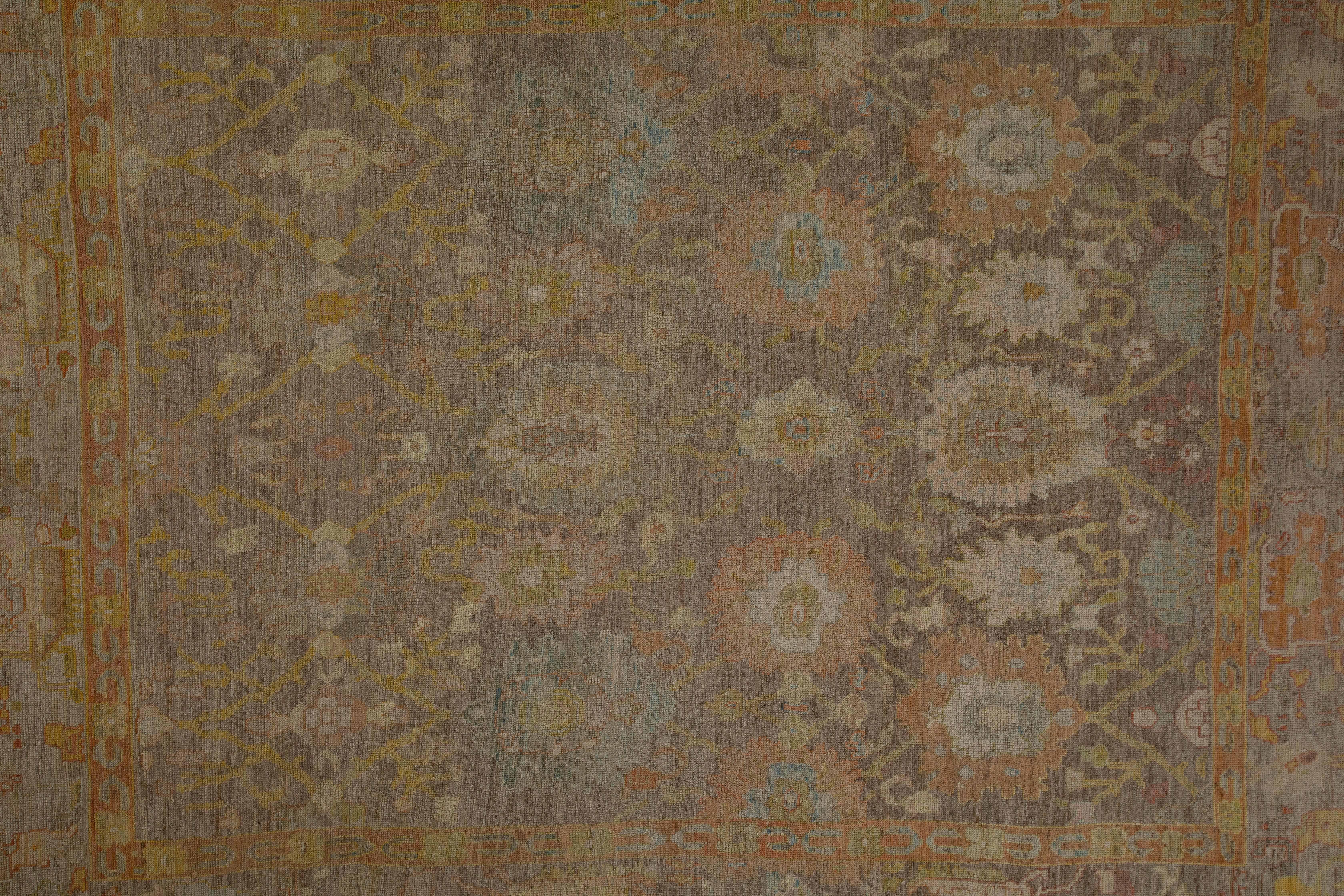 Wool Contemporary Turkish Rug Oushak Weave with Brown and Rust Floral Field For Sale