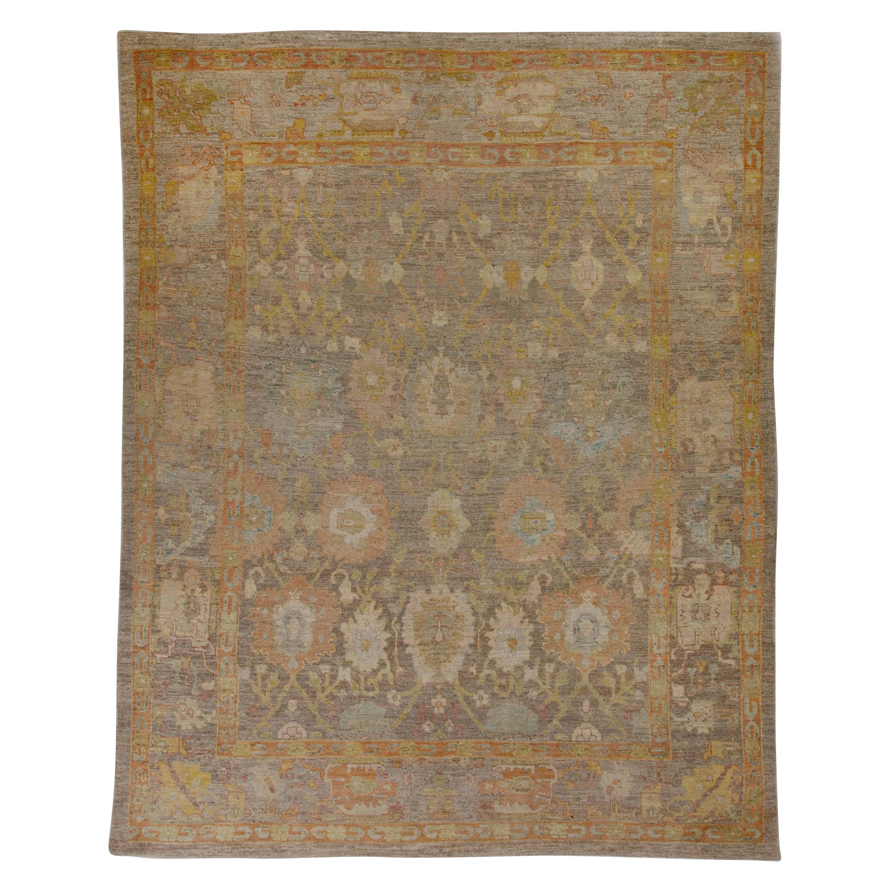 Alfombra Turca Contemporánea Tejido Oushak con Campo Floral Marrón y Óxido en venta