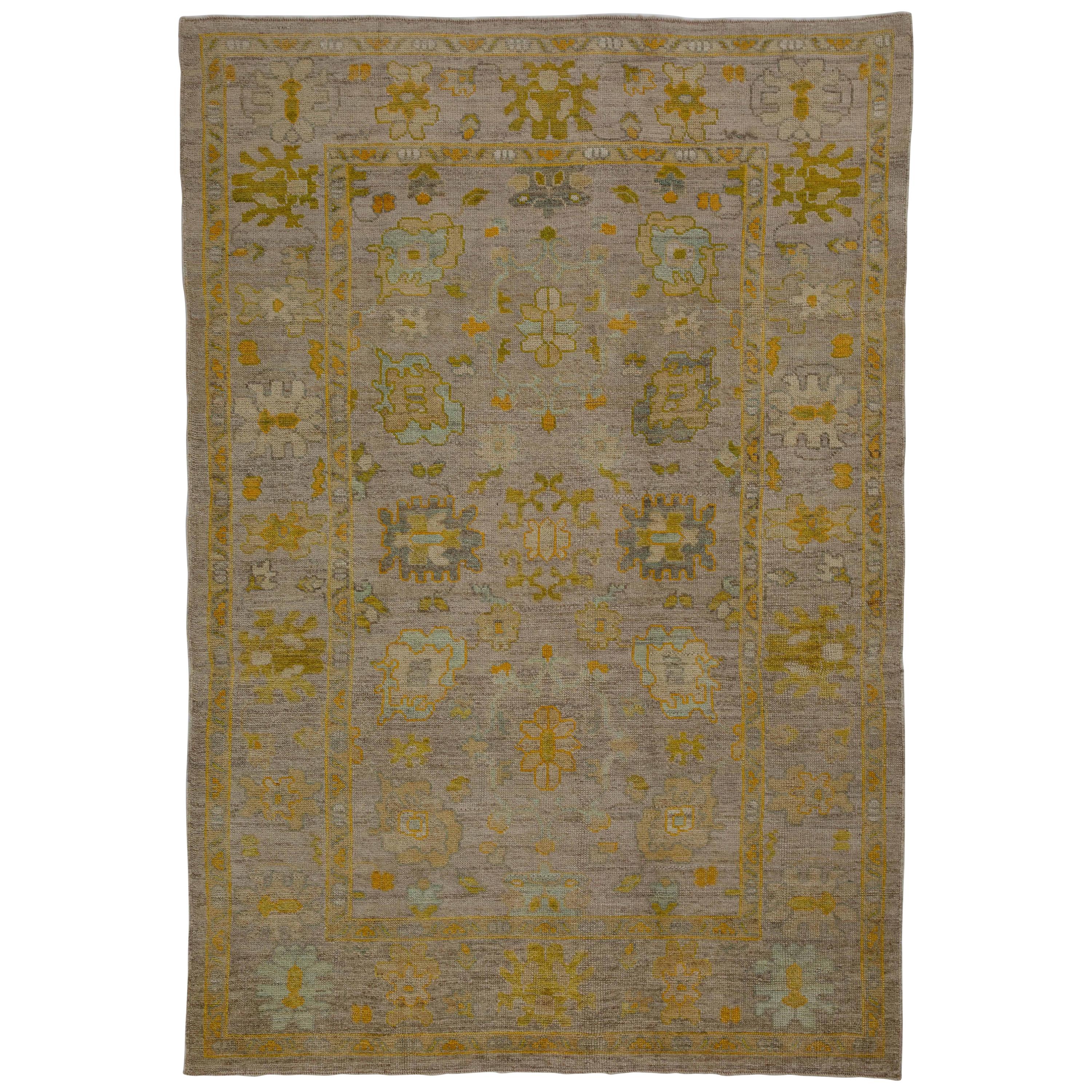 Contemporary Turkish Rug Oushak Weave with Rustic Flower Patterns on Beige Field