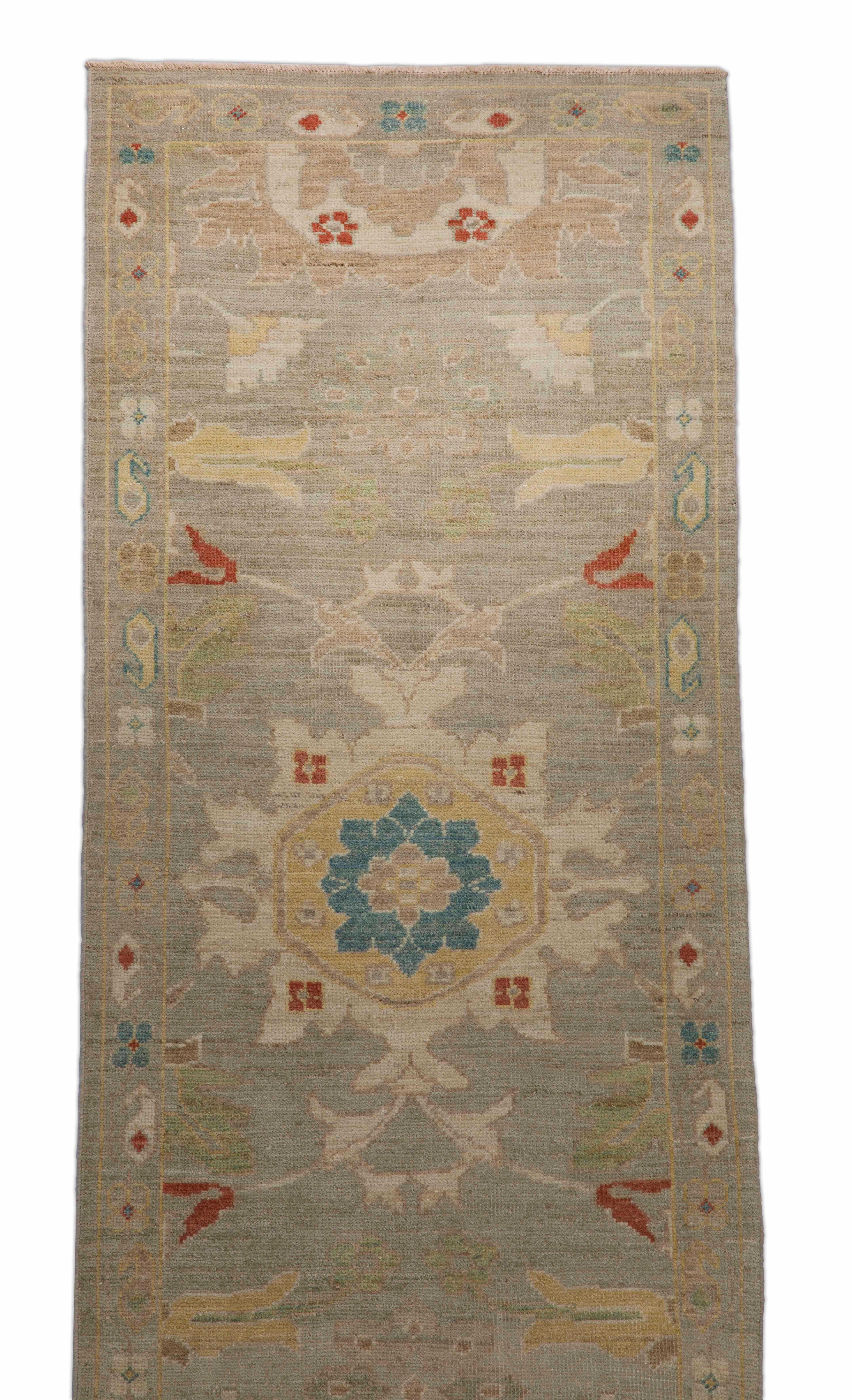 Wool Contemporary Turkish Runner Rug with Sultanabad Woven Floral Patterns For Sale