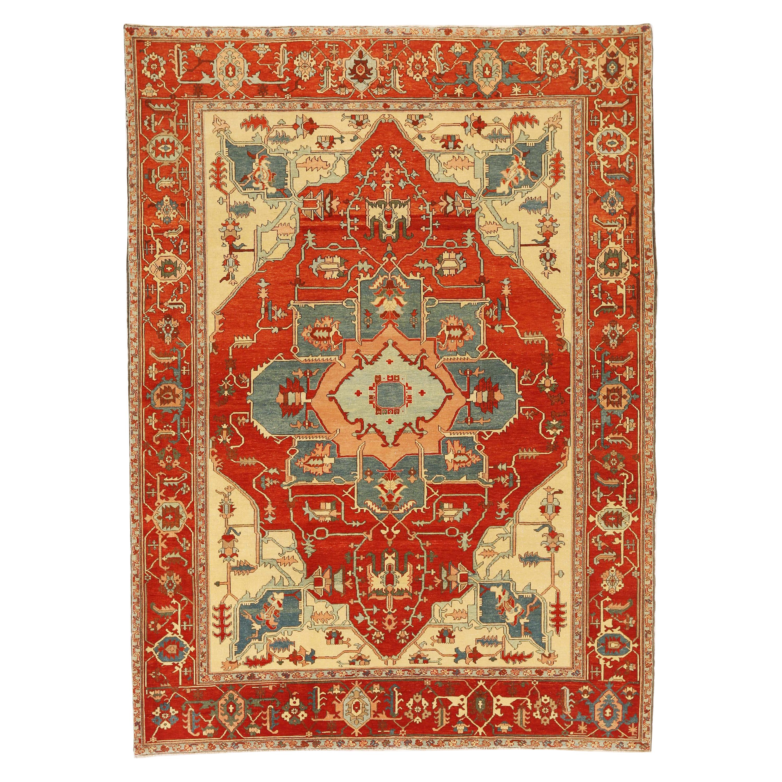 Contemporary Turkish Serapi Rug with Red and Gray Botanical Details