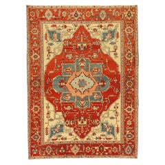 Tapis turc contemporain Serapi avec détails botaniques rouges et gris