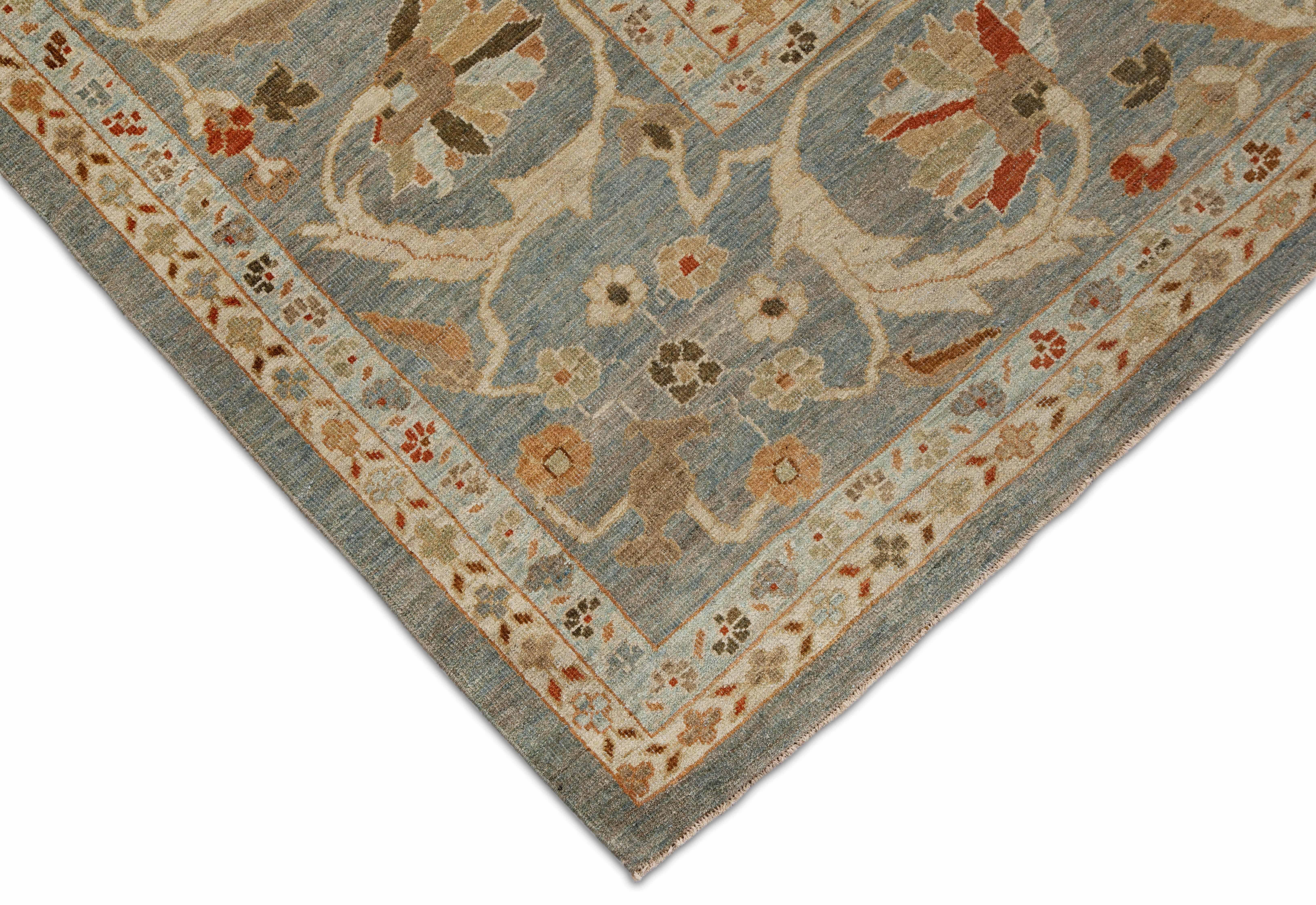 Contemporary Turkish Sultanabad Rug with Blue Gray Field of Colored Flower Detai For Sale 3