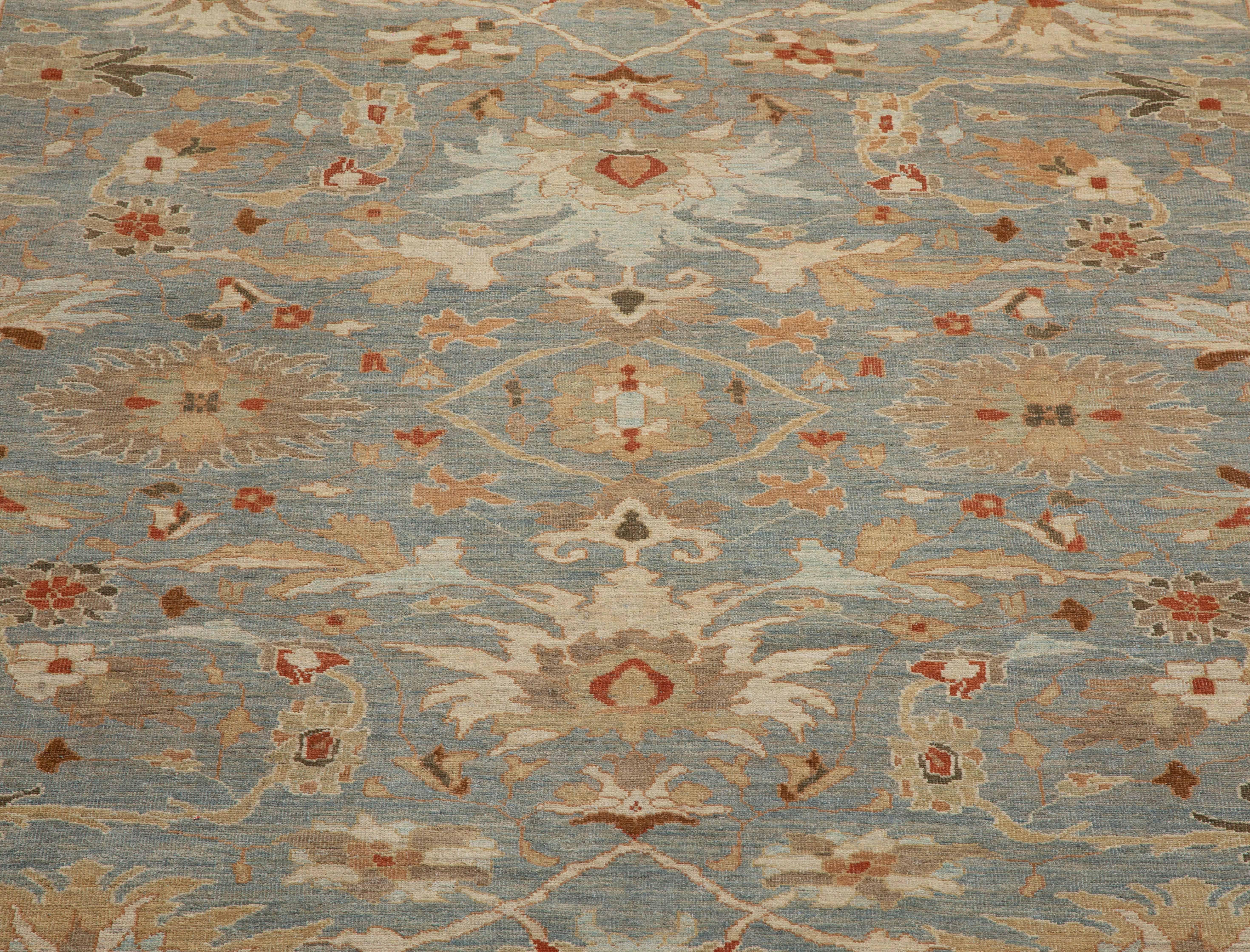 Contemporary Turkish Sultanabad Rug with Blue Gray Field of Colored Flower Detai In New Condition For Sale In Dallas, TX