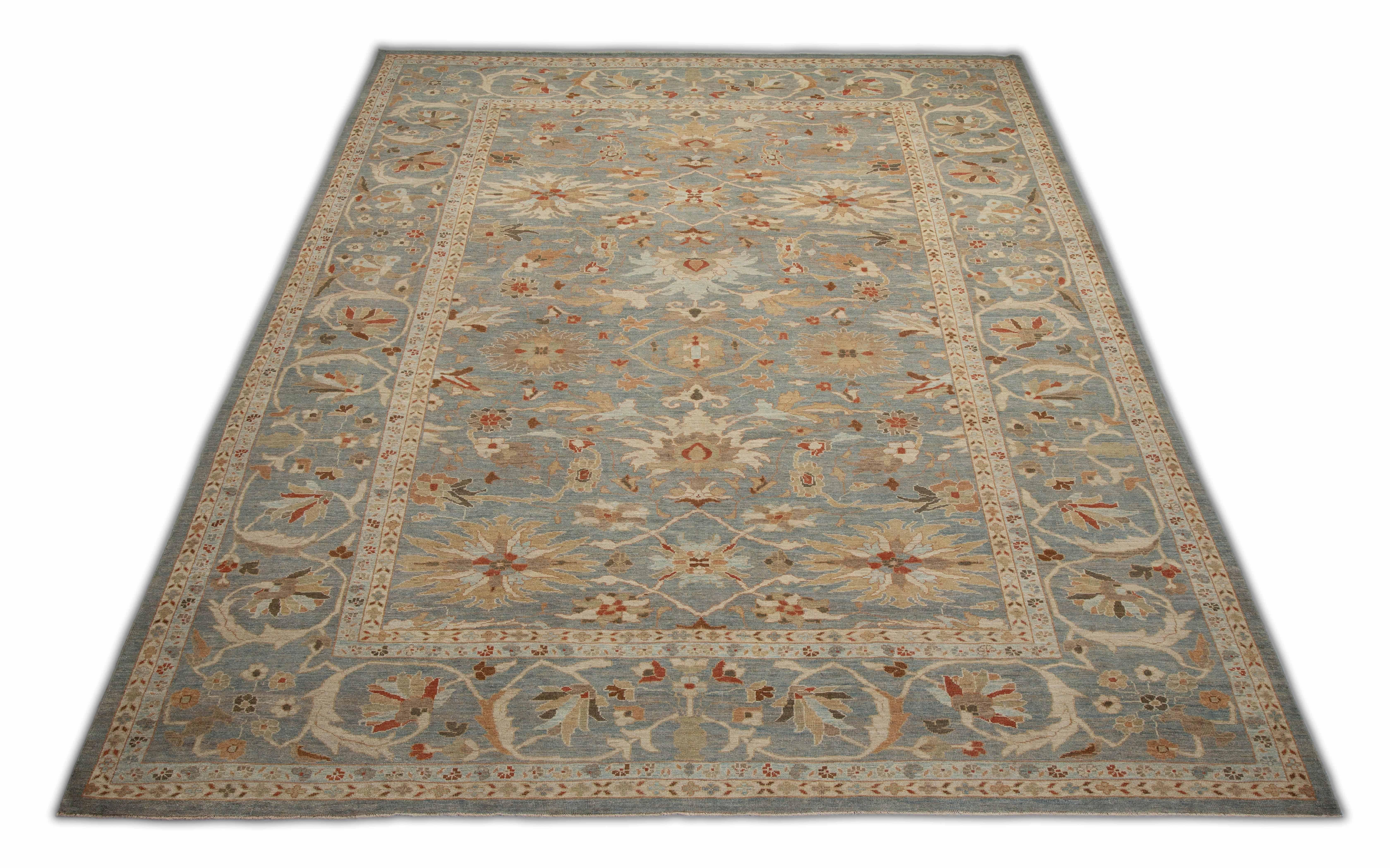 Wool Contemporary Turkish Sultanabad Rug with Blue Gray Field of Colored Flower Detai For Sale