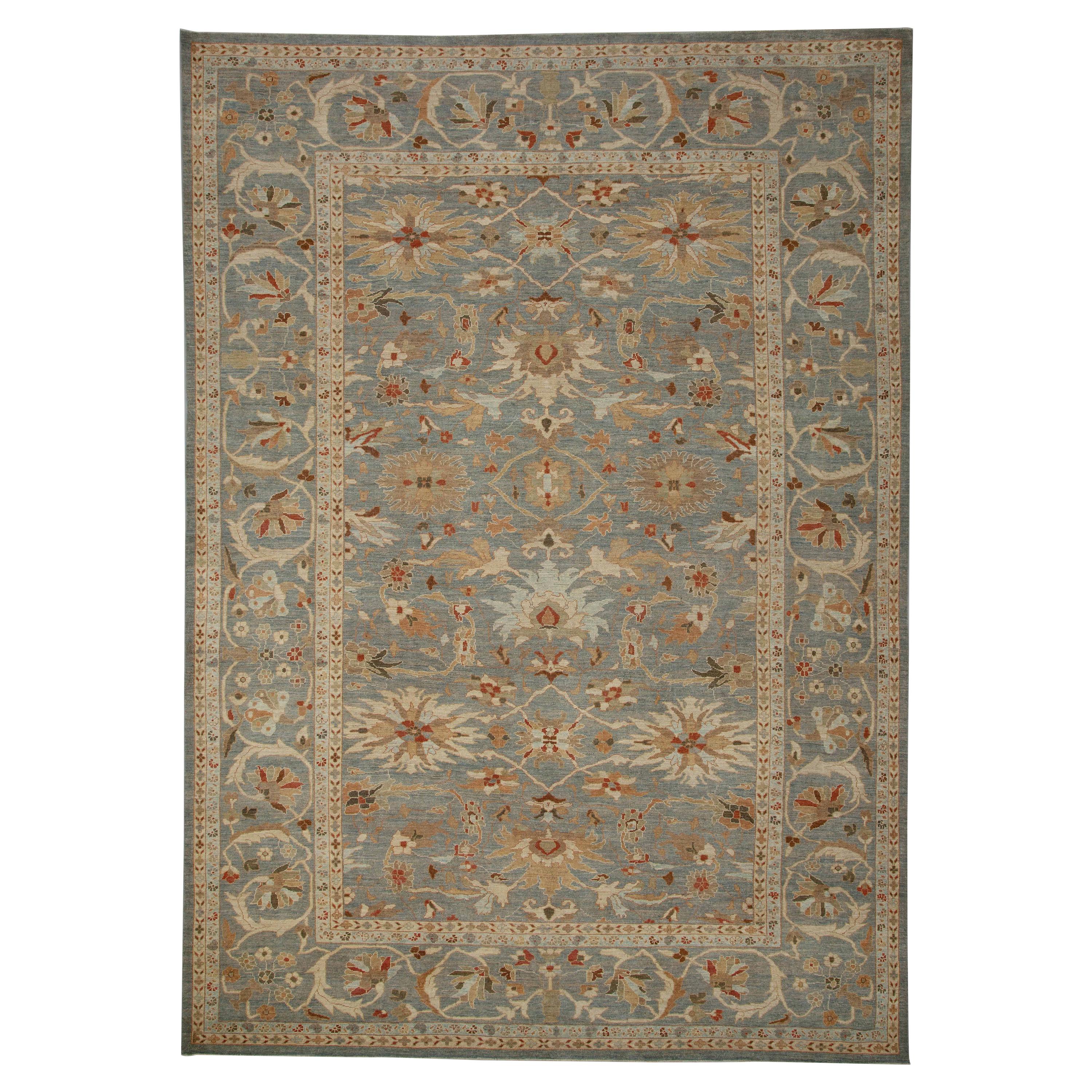 Contemporary Turkish Sultanabad Rug with Blue Gray Field of Colored Flower Detai For Sale