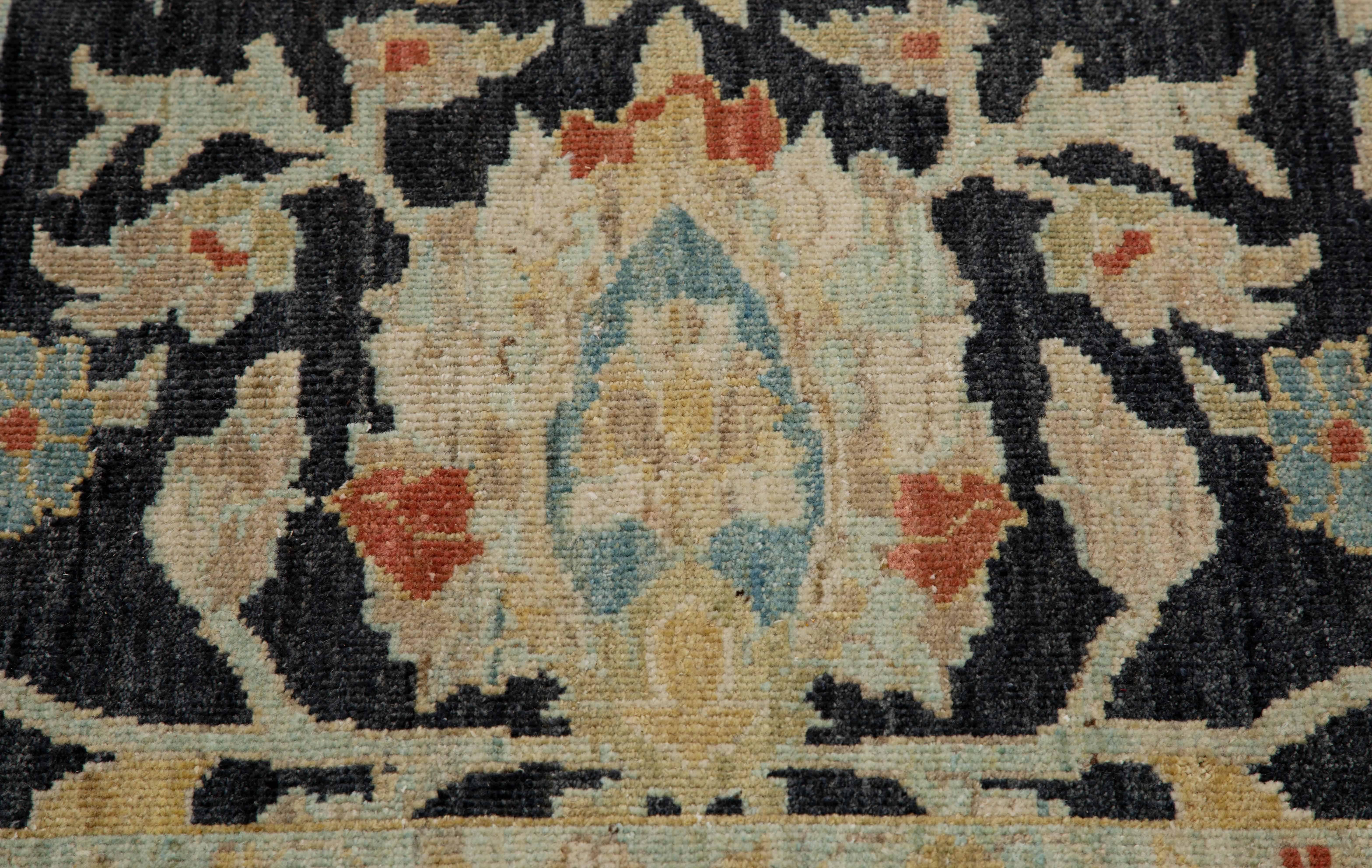 Persian Contemporary Turkish Sultanabad Rug with Black Field and Colored Flower Patterns For Sale