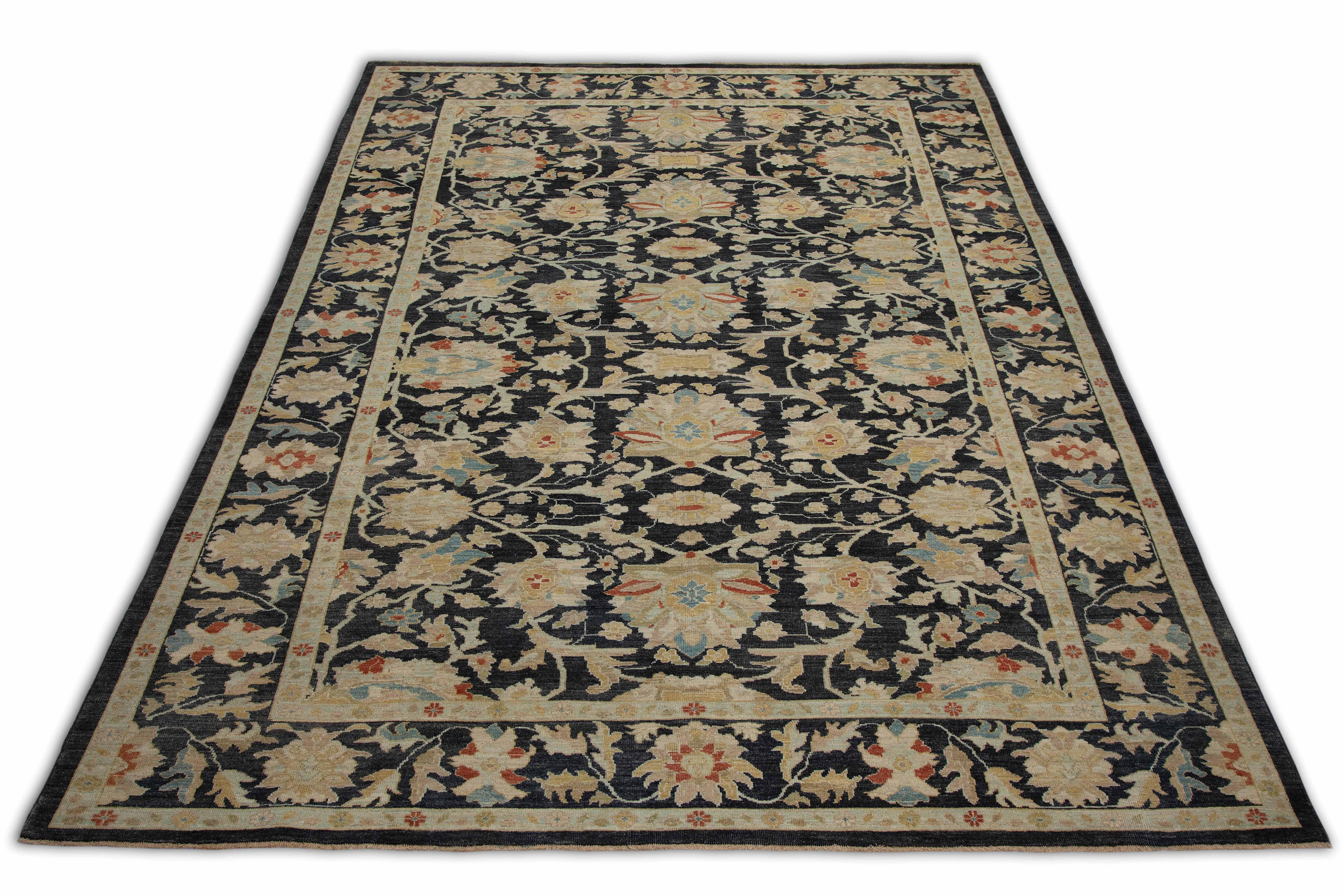 Hand-Woven Contemporary Turkish Sultanabad Rug with Black Field and Colored Flower Patterns For Sale