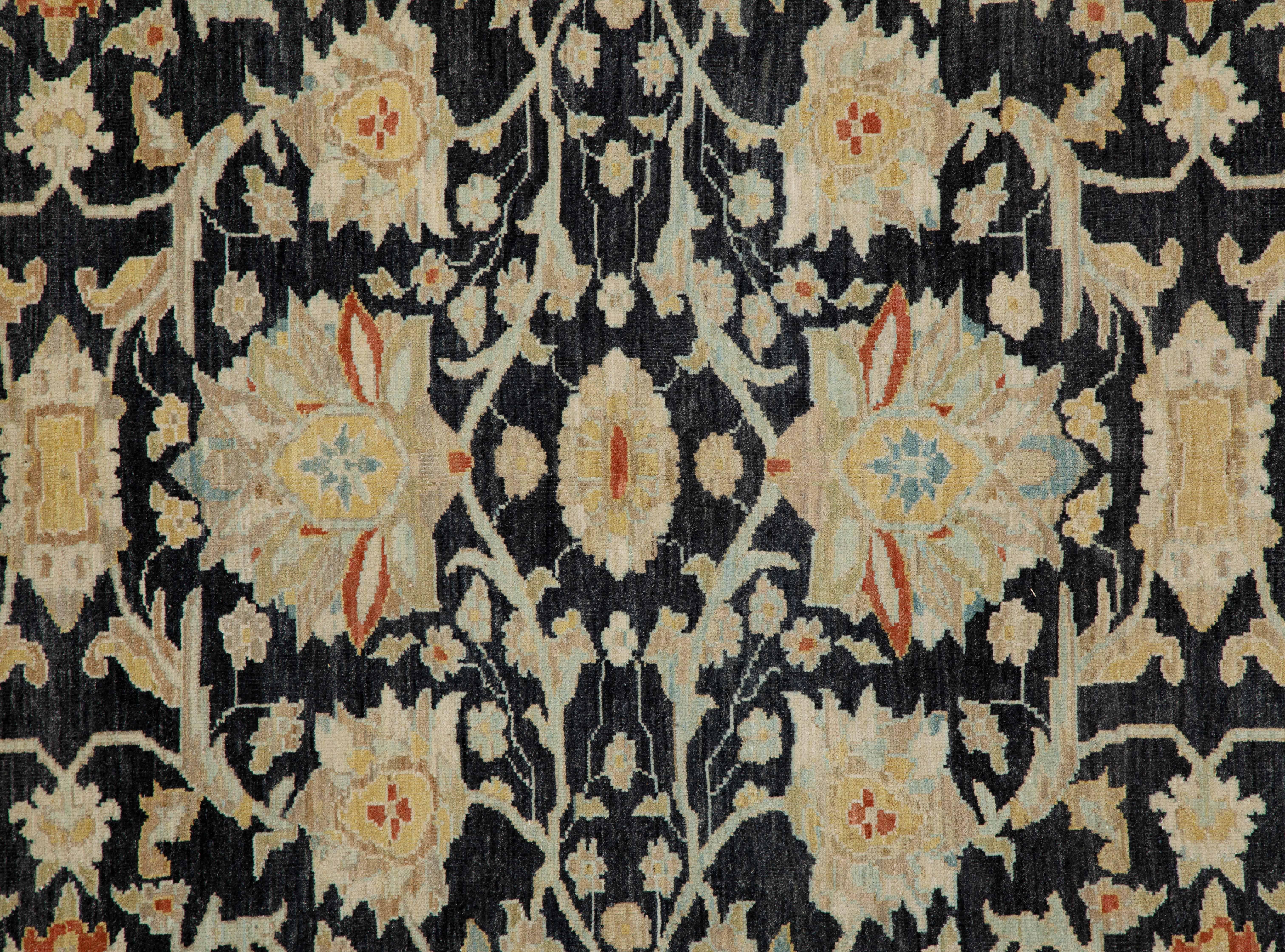 Contemporary Turkish Sultanabad Rug with Black Field and Colored Flower Patterns In New Condition For Sale In Dallas, TX