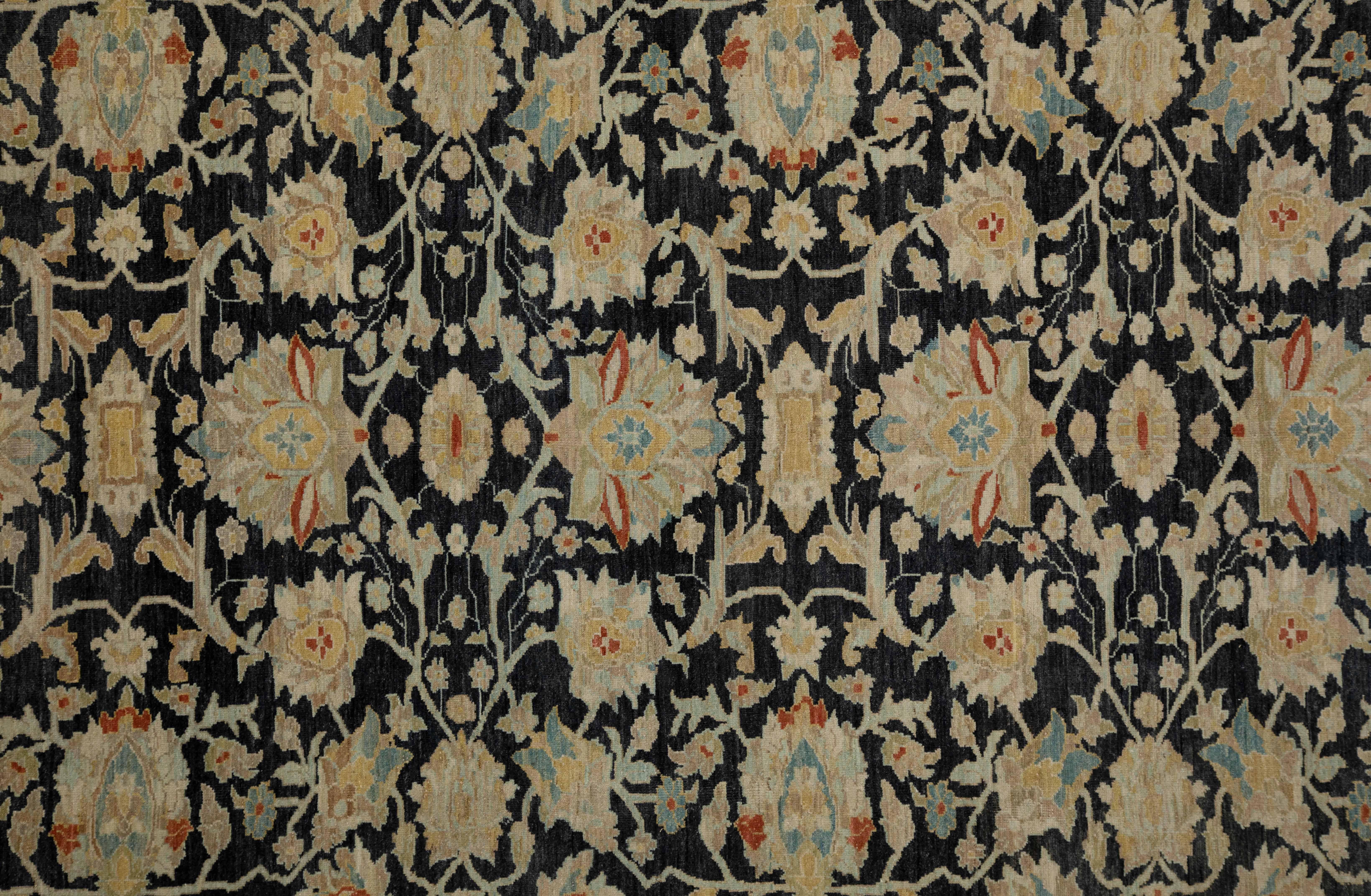 Wool Contemporary Turkish Sultanabad Rug with Black Field and Colored Flower Patterns For Sale