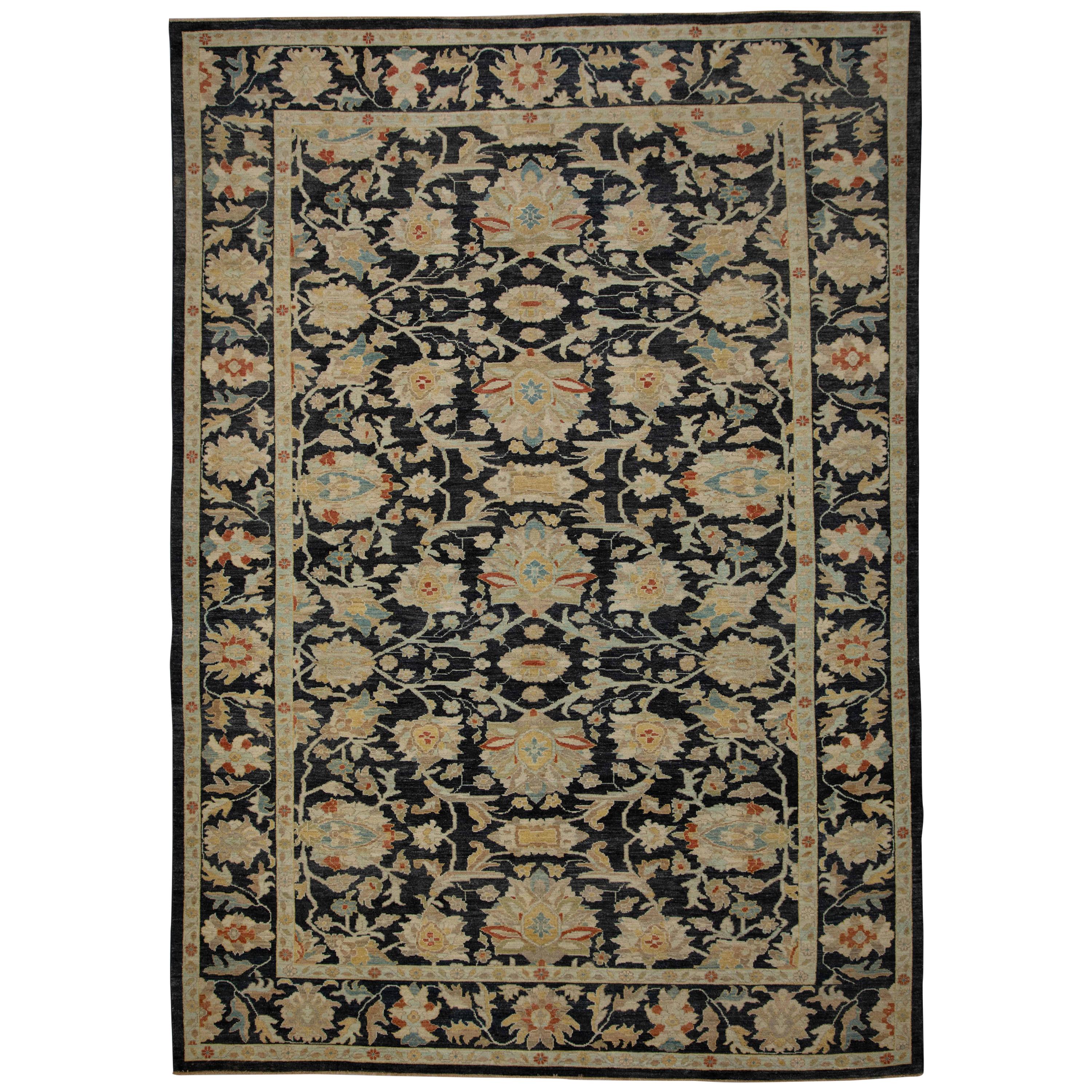 Contemporary Turkish Sultanabad Rug with Black Field and Colored Flower Patterns For Sale