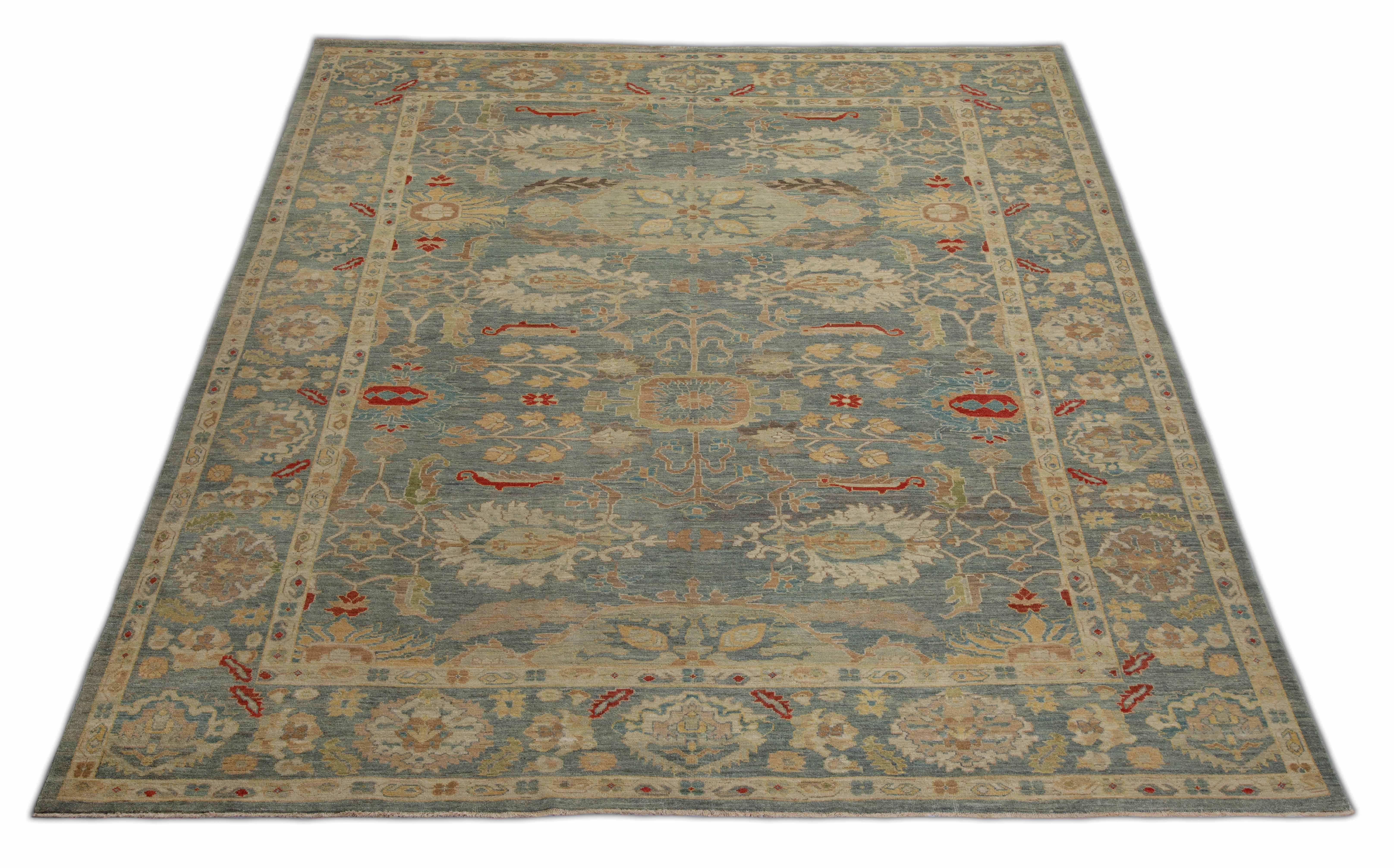 Islamic Contemporary Turkish Sultanabad Rug with Blue Field and Flower Garden Details For Sale