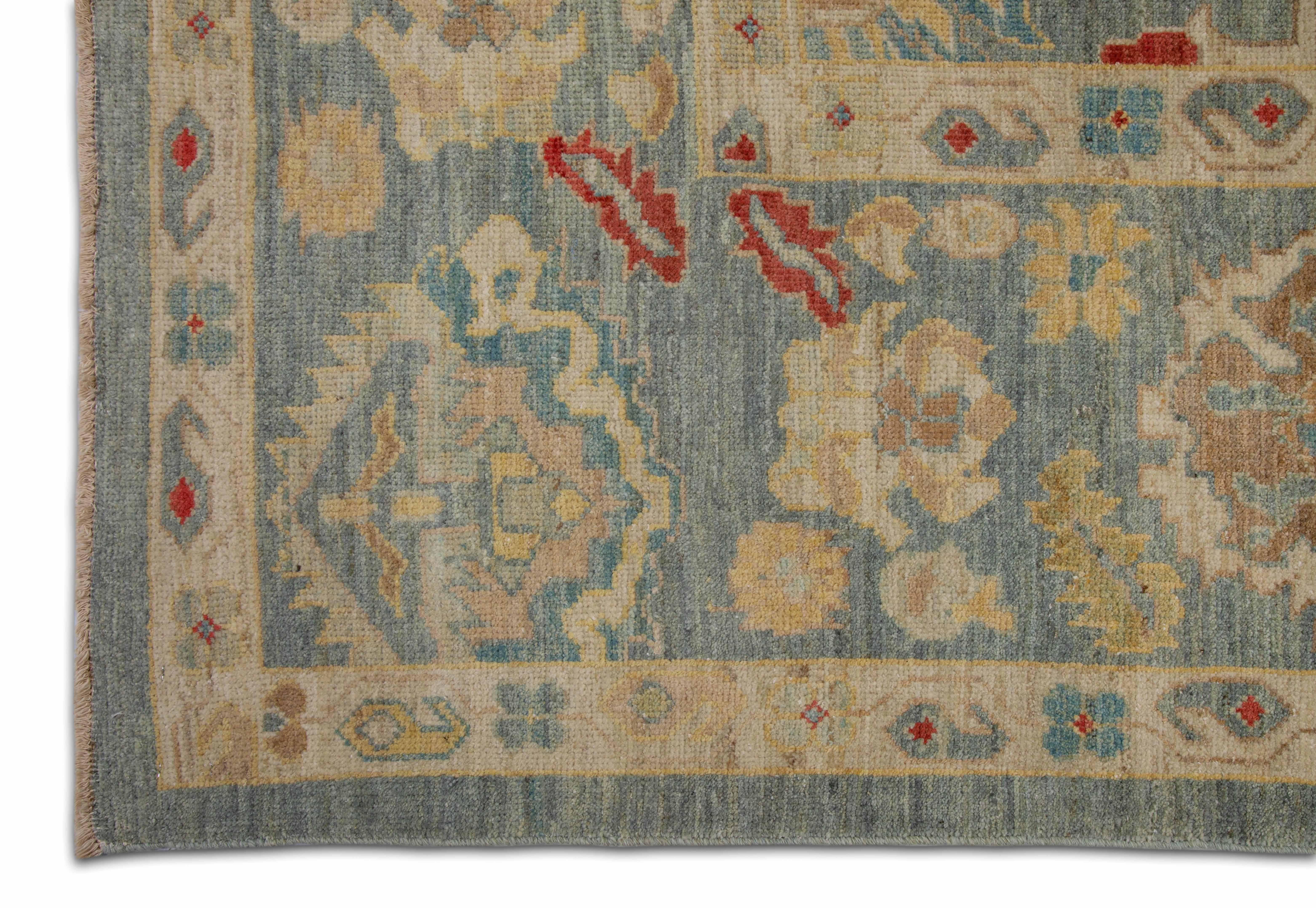 Alfombra Sultanabad Rugs Turca Contemporánea con Campo Azul y Detalles de Jardín de Flores Tejido a mano en venta