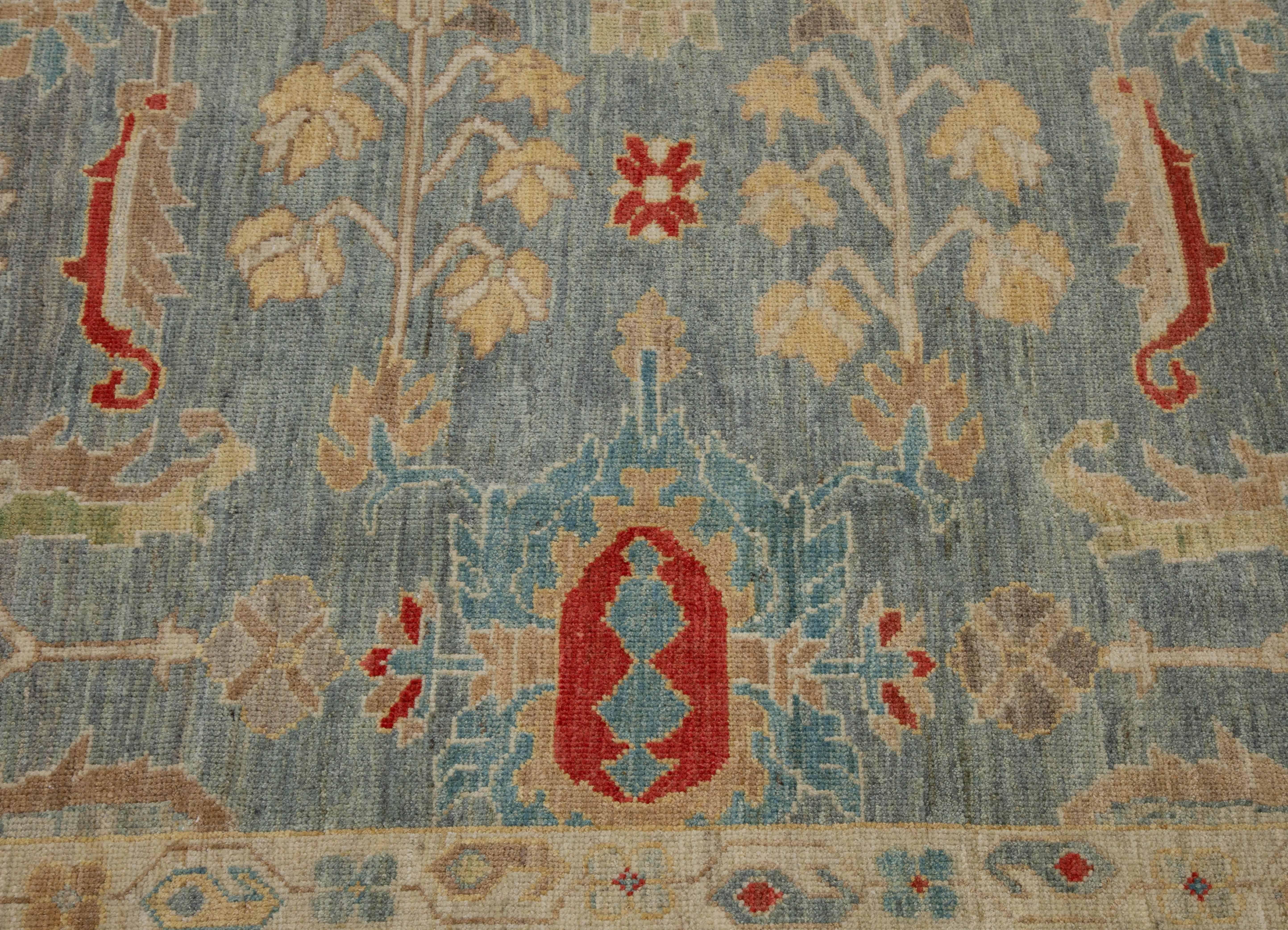 Contemporary Turkish Sultanabad Rug with Blue Field and Flower Garden Details In New Condition For Sale In Dallas, TX