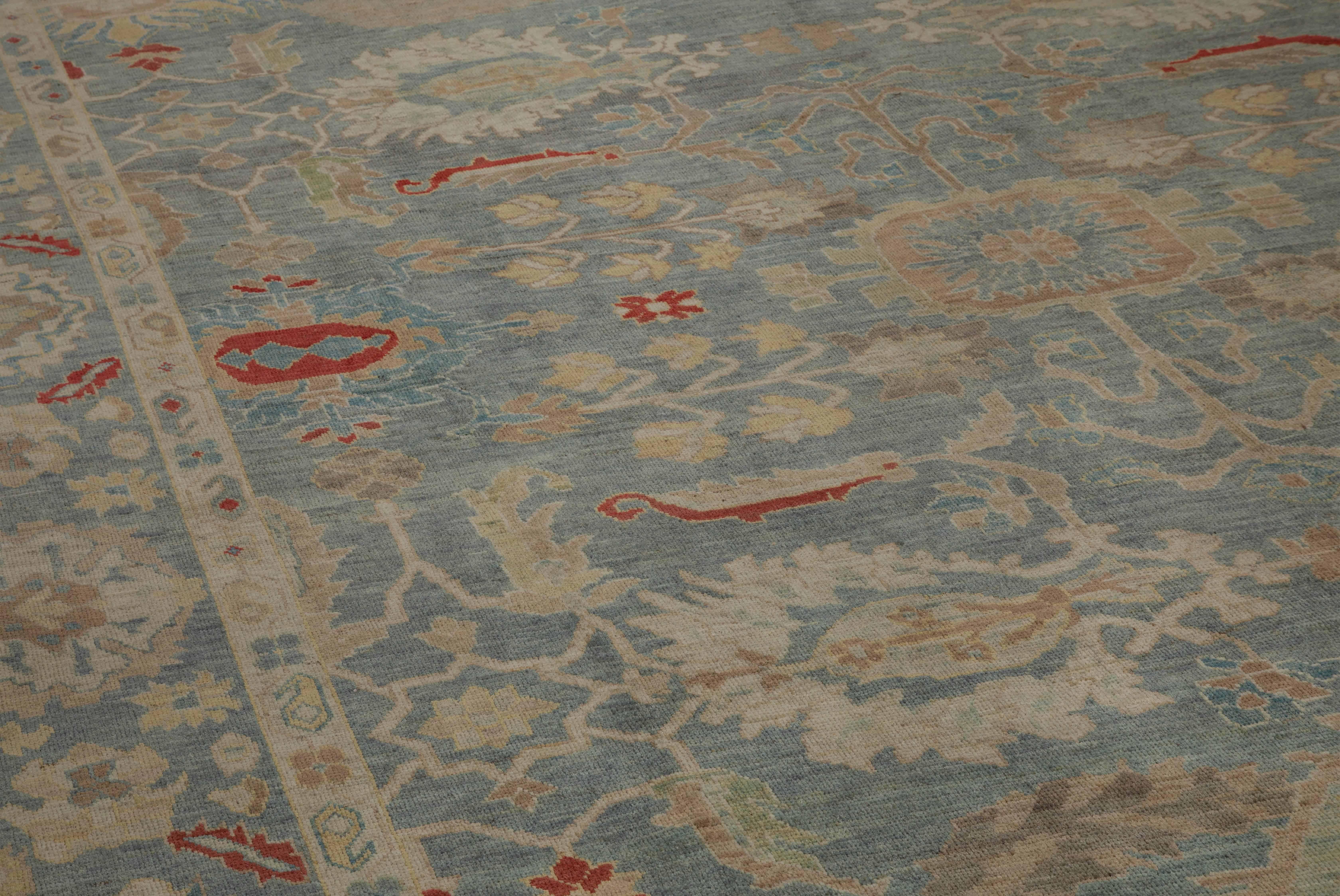 Wool Contemporary Turkish Sultanabad Rug with Blue Field and Flower Garden Details For Sale
