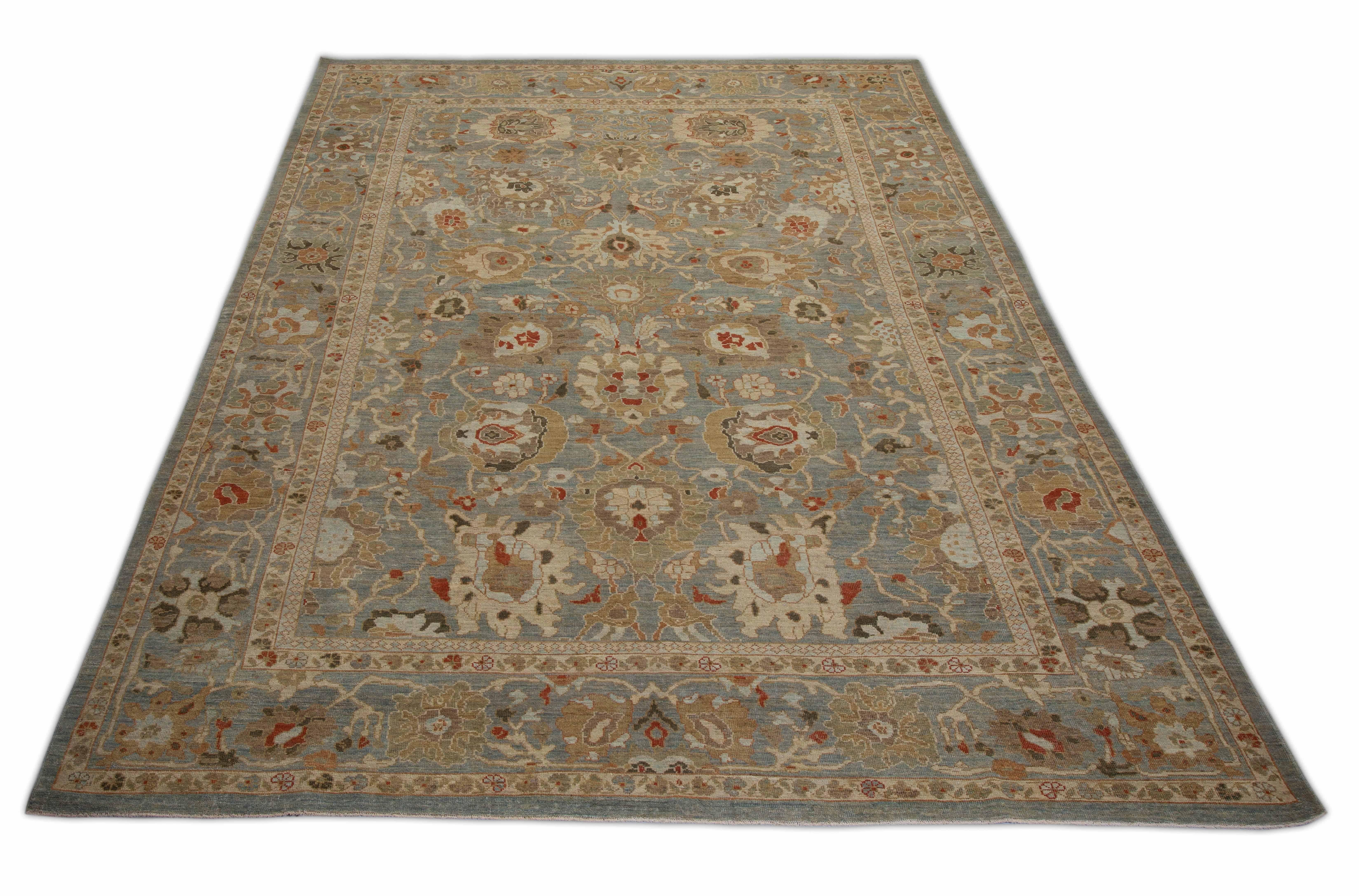 Hand-Woven Contemporary Sultanabad Rug with Blue Gray Field of Colored Flower Detail For Sale