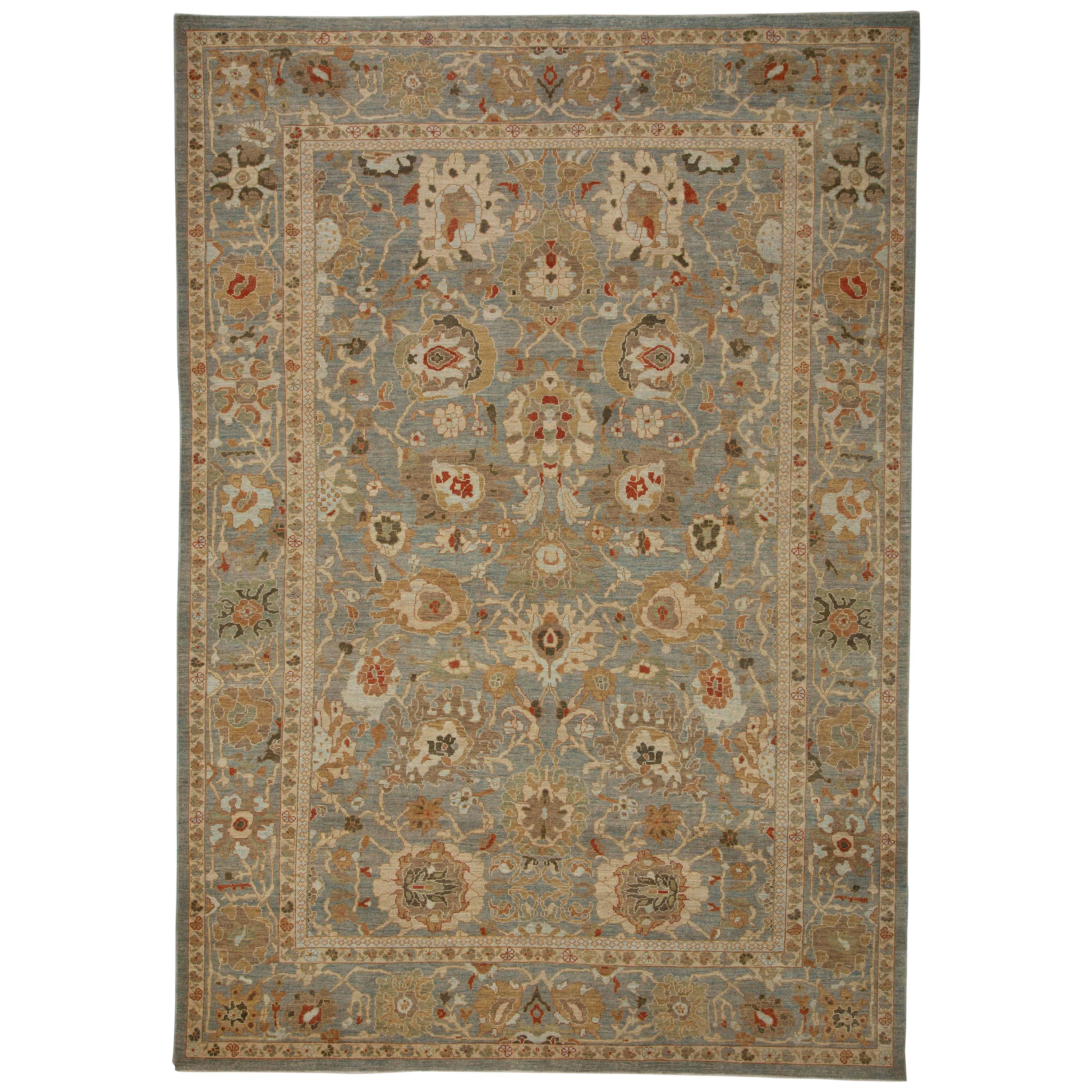 Contemporary Sultanabad Rug with Blue Gray Field of Colored Flower Detail For Sale