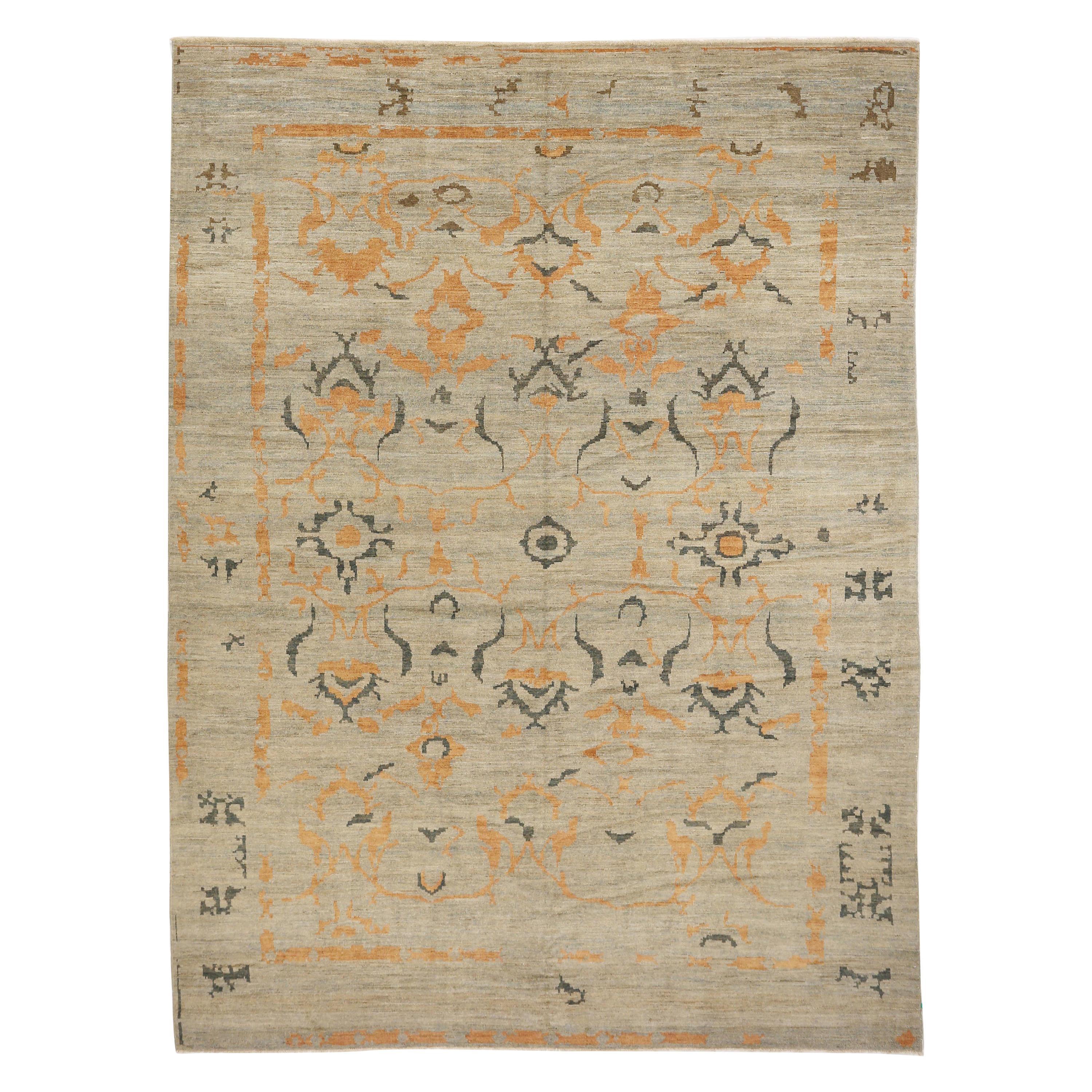 Contemporary Turkish Sultanabad Rug with Gray and Orange Botanical Details