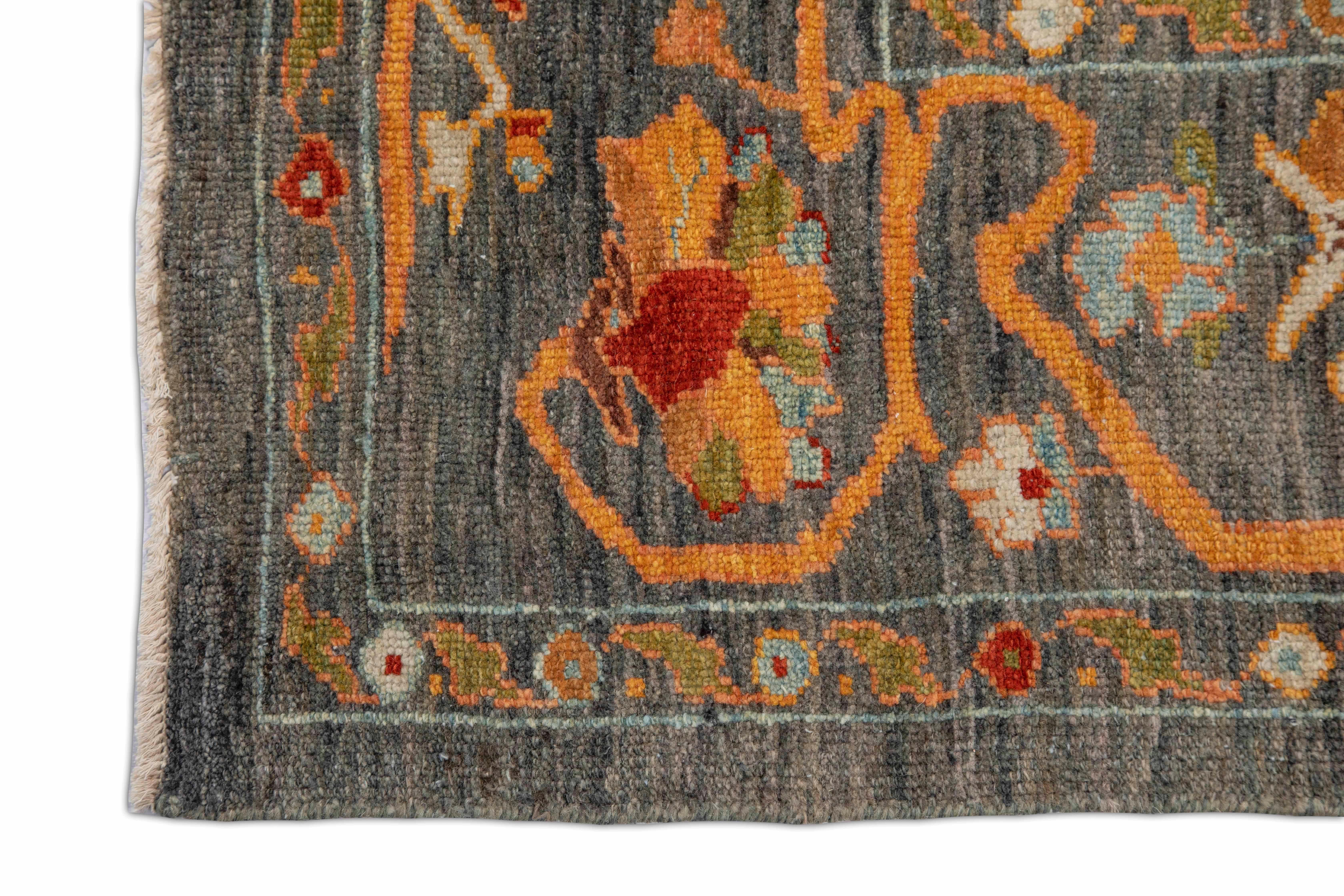 Persian Contemporary Turkish Sultanabad Rug with Gray Field and Colored Floral Patterns For Sale