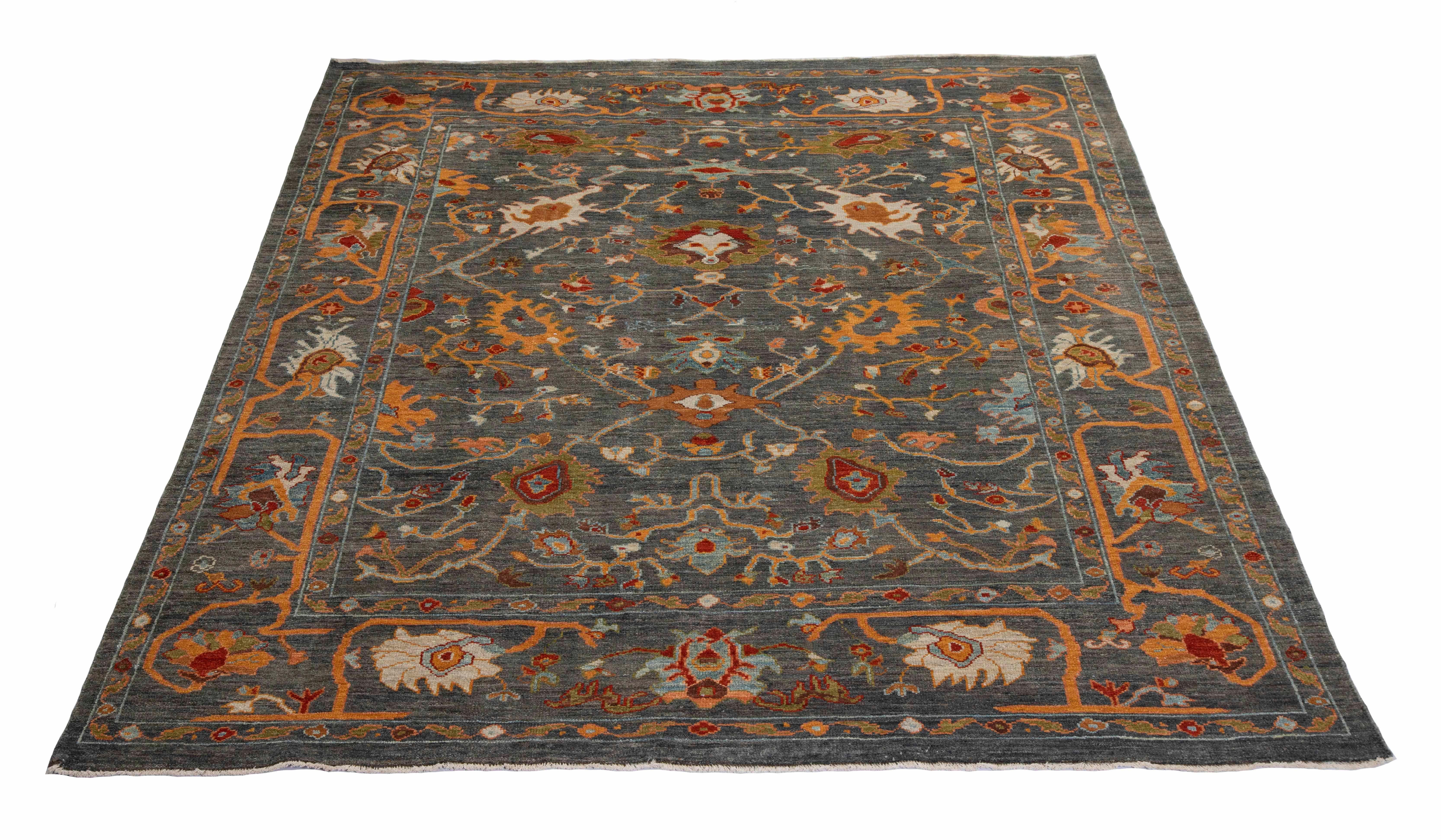 Wool Contemporary Turkish Sultanabad Rug with Gray Field and Colored Floral Patterns For Sale