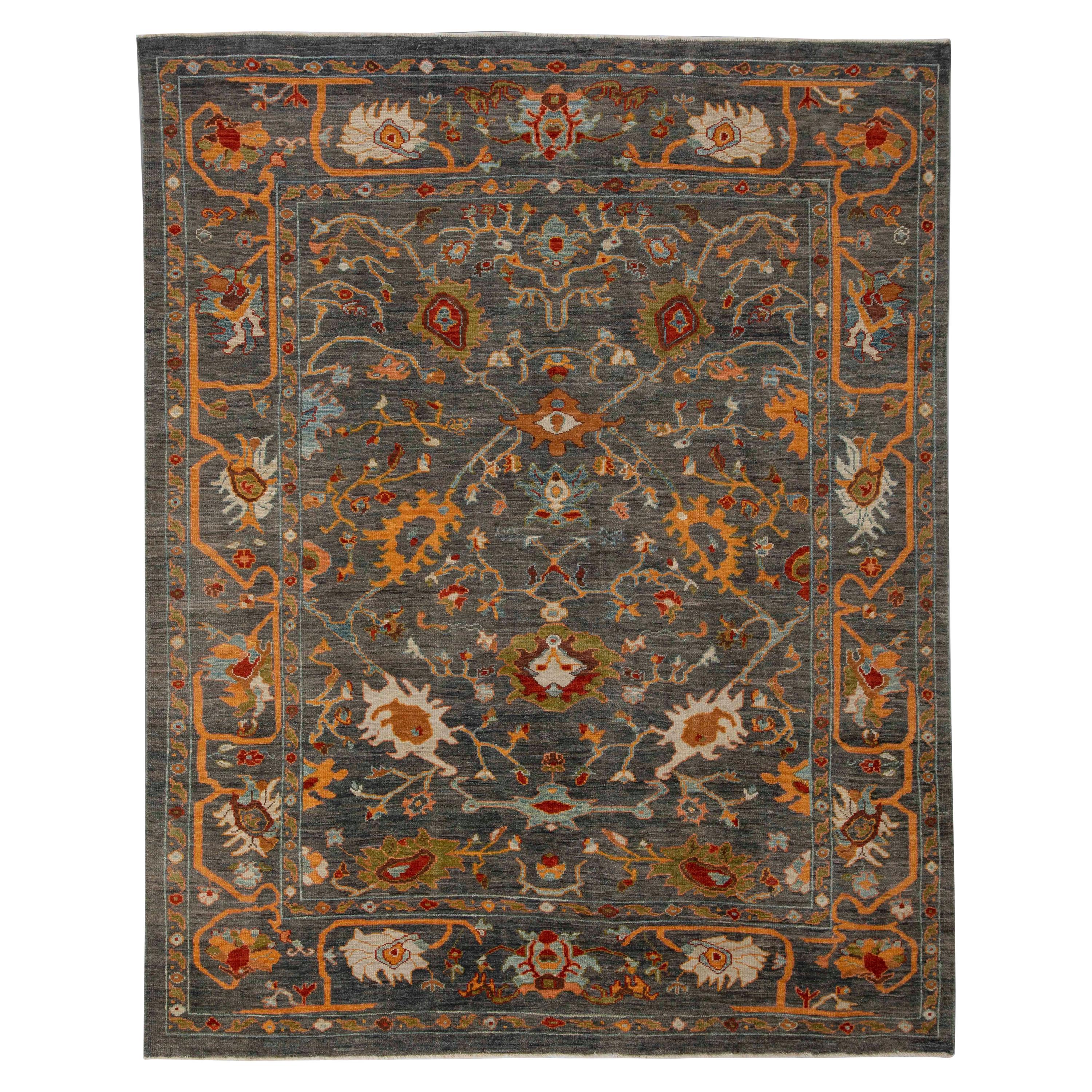 Contemporary Turkish Sultanabad Rug with Gray Field and Colored Floral Patterns For Sale