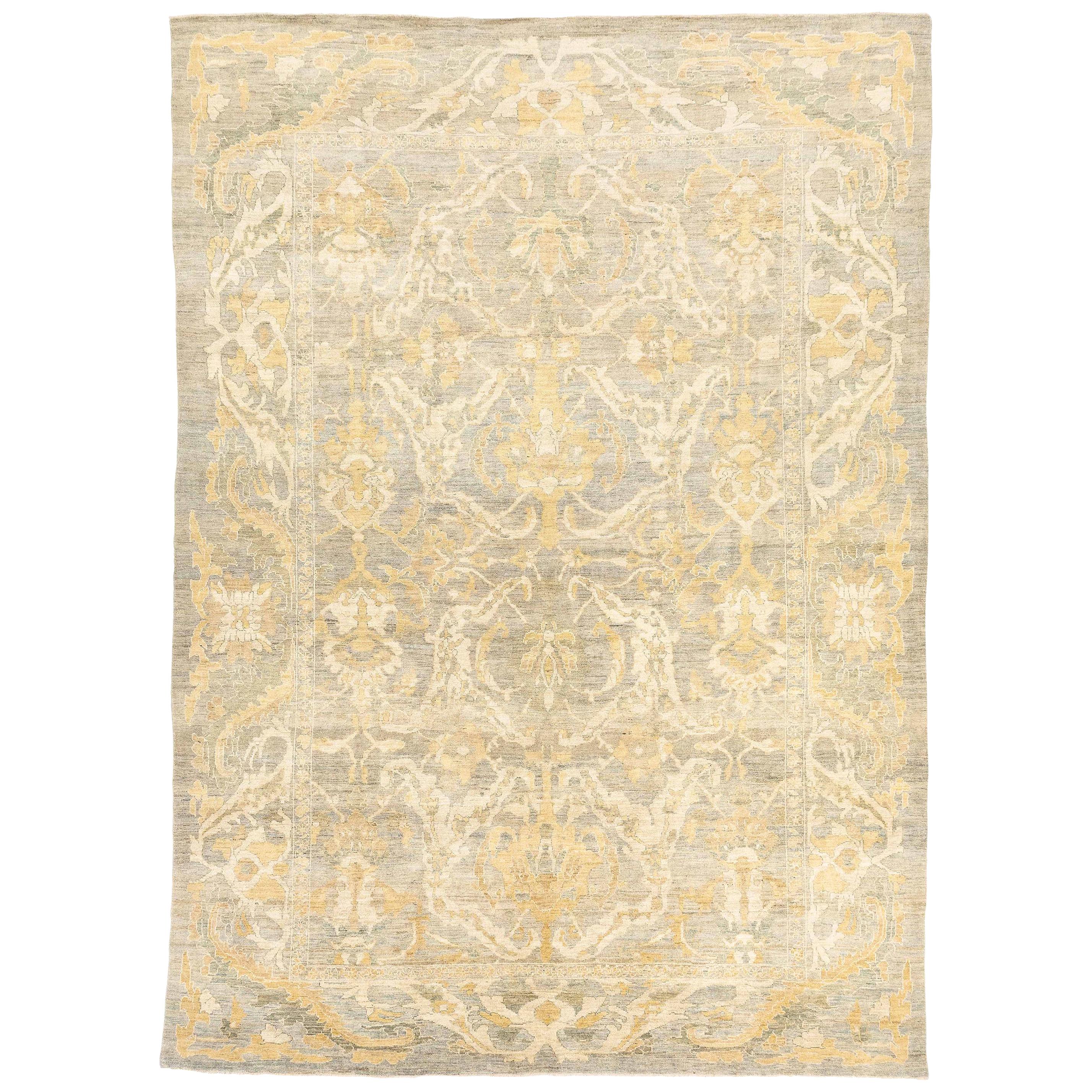 Contemporary Turkish Sultanabad Style Rug with Ivory and Brown Botanical Details For Sale