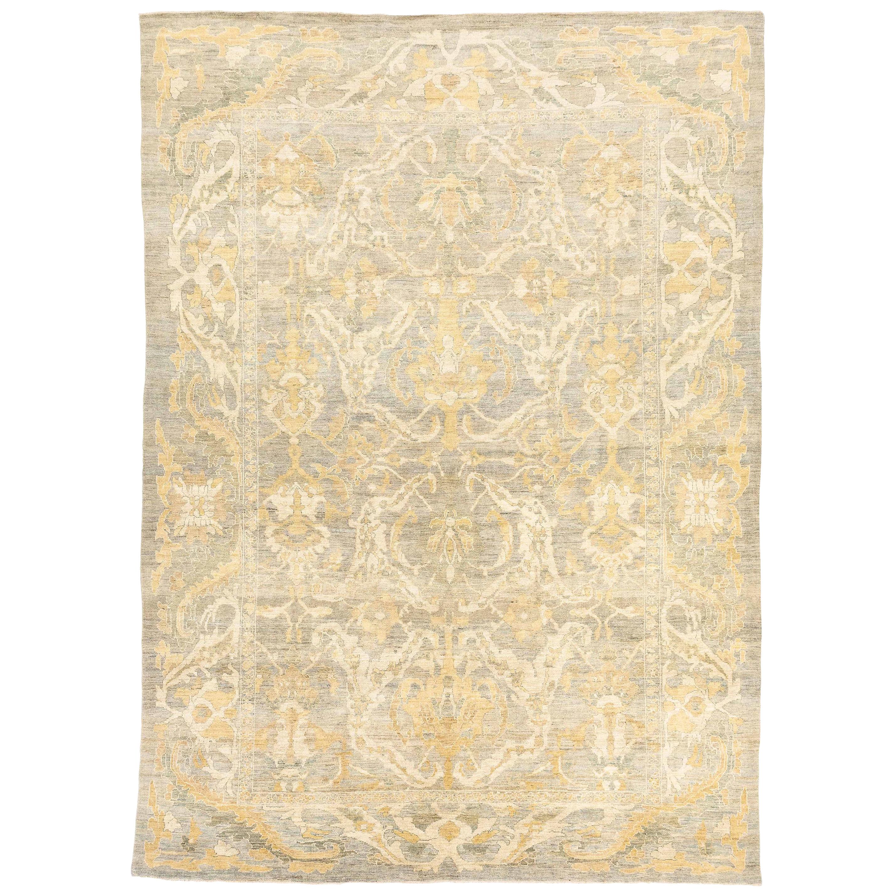 Tapis turc contemporain de style Sultanabad avec détails botaniques ivoire et Brown en vente