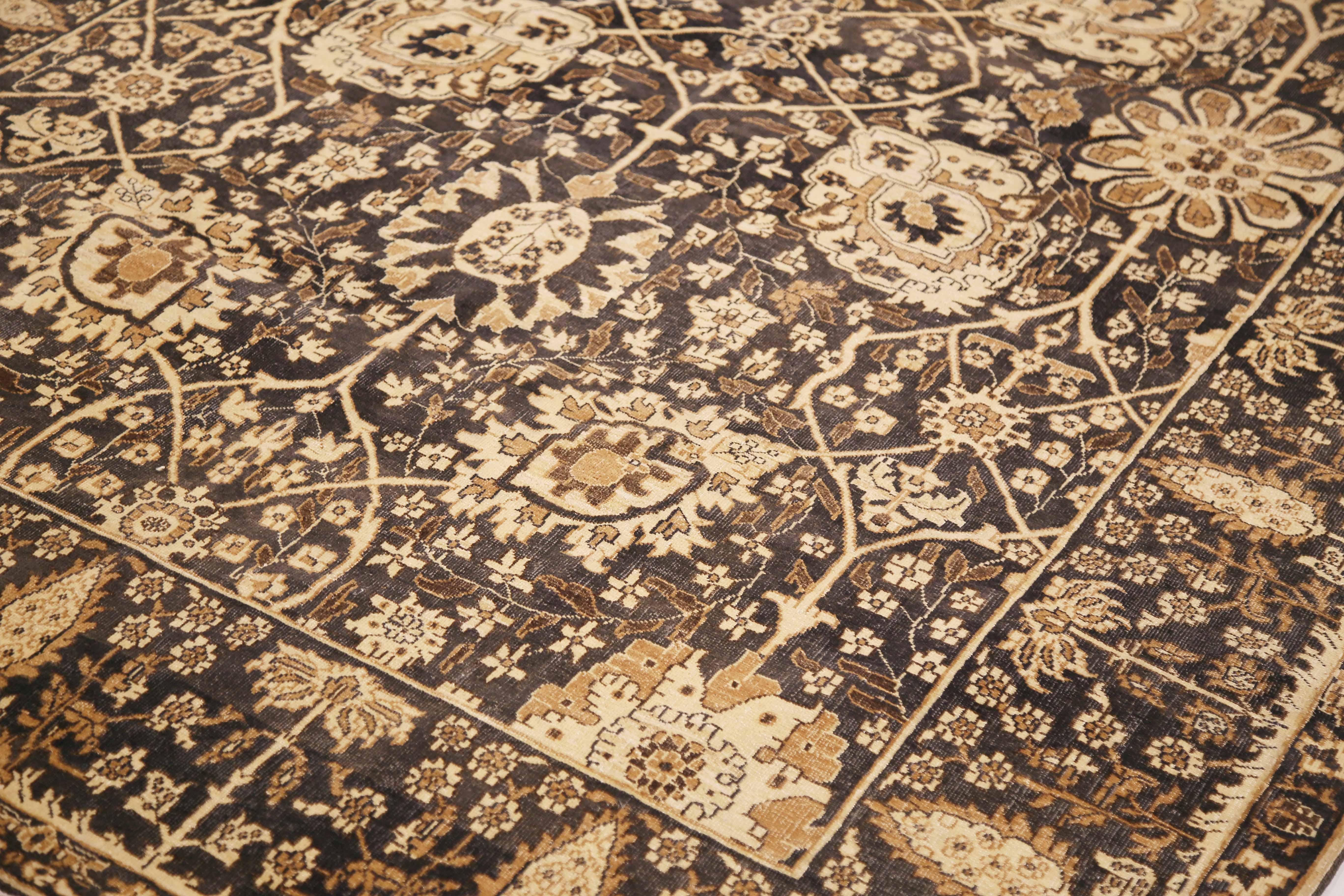 Hand-Woven Contemporary Turkish Tabriz Rug with Brown & Ivory Floral Motifs on Black Field For Sale