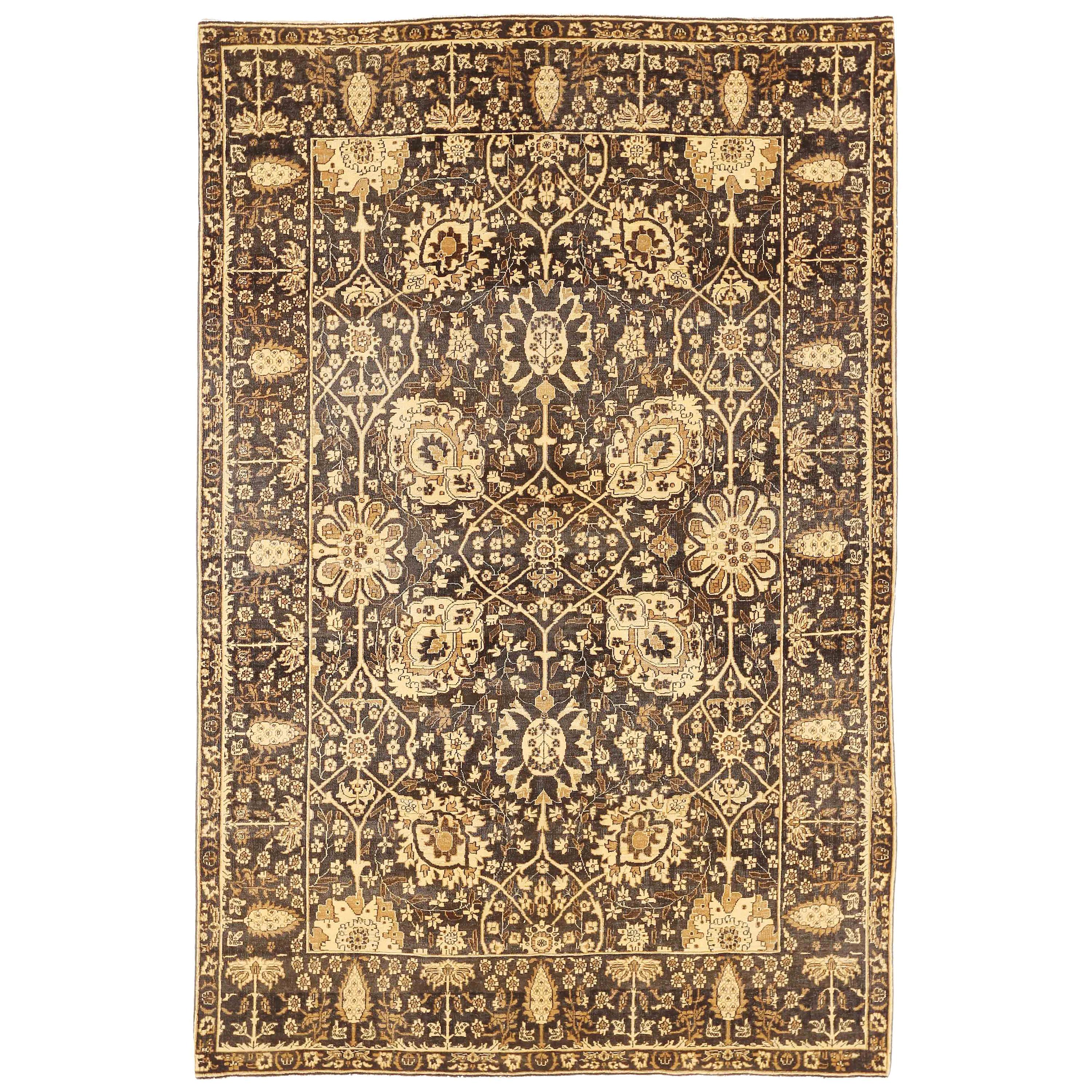 Contemporary Turkish Tabriz Rug with Brown & Ivory Floral Motifs on Black Field