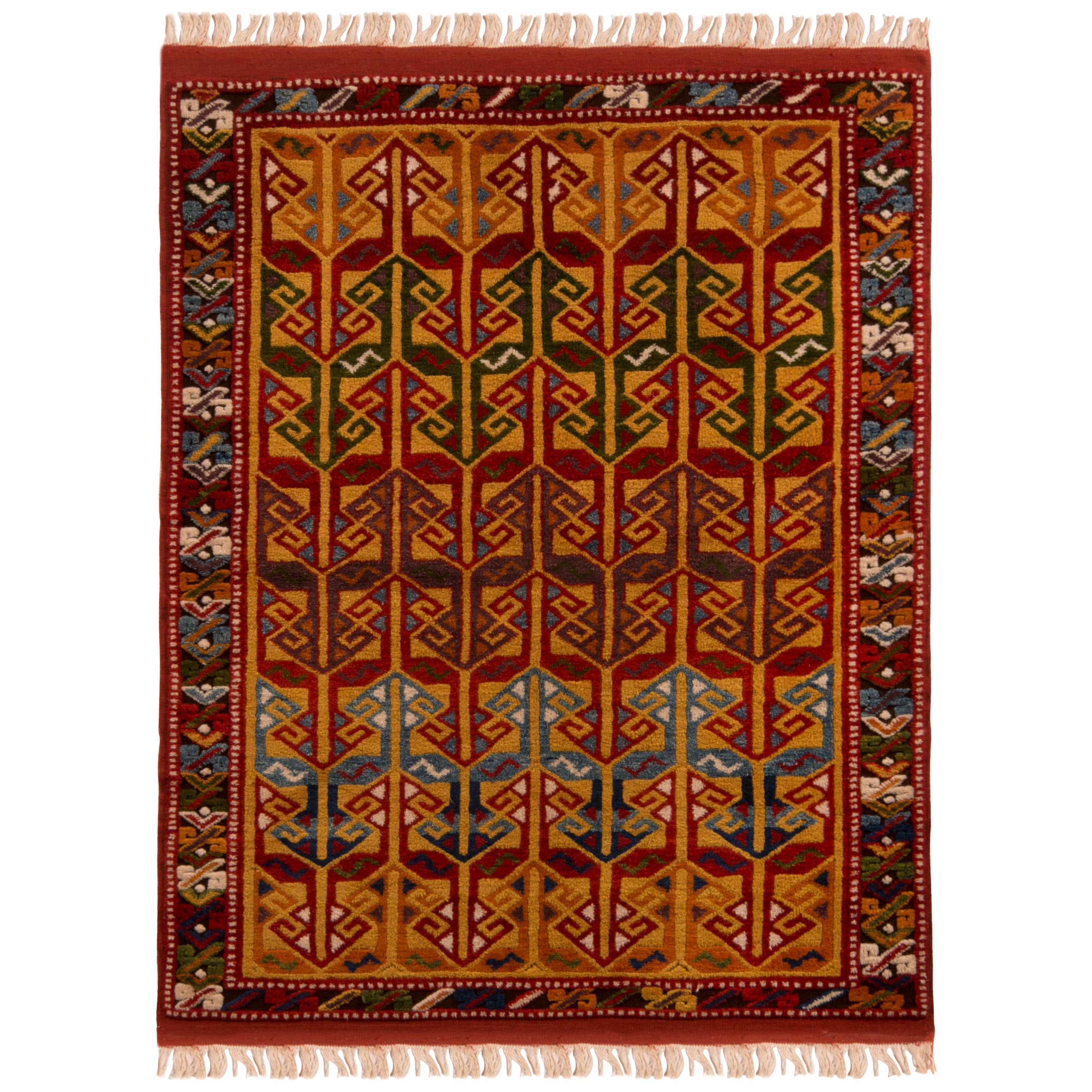 New Kazak Transitional Red and Green Wool Rug with Ram Horn Motifs For