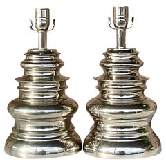 Contemporary Turned Chrome Lamps, a Pair